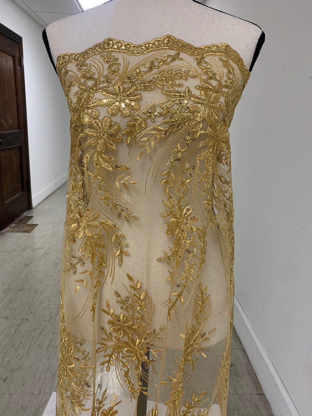 Gold color Lace sell by yard desin 1081 49/50" width Embroidery metallic sequins double scalloped Lace.