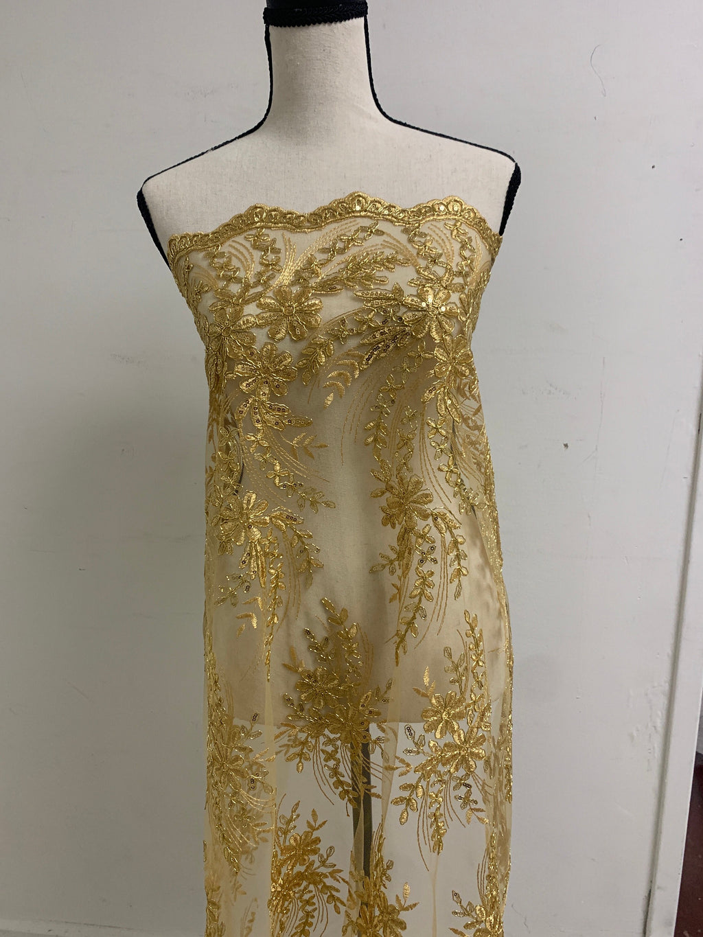 Gold color Lace sell by yard desin 1081 49/50" width Embroidery metallic sequins double scalloped Lace.
