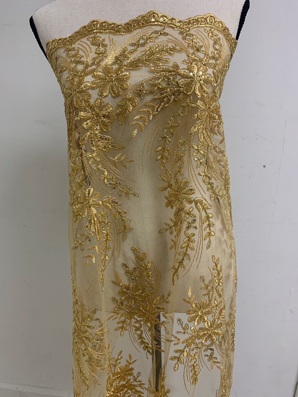 Gold color Lace sell by yard desin 1081 49/50" width Embroidery metallic sequins double scalloped Lace.