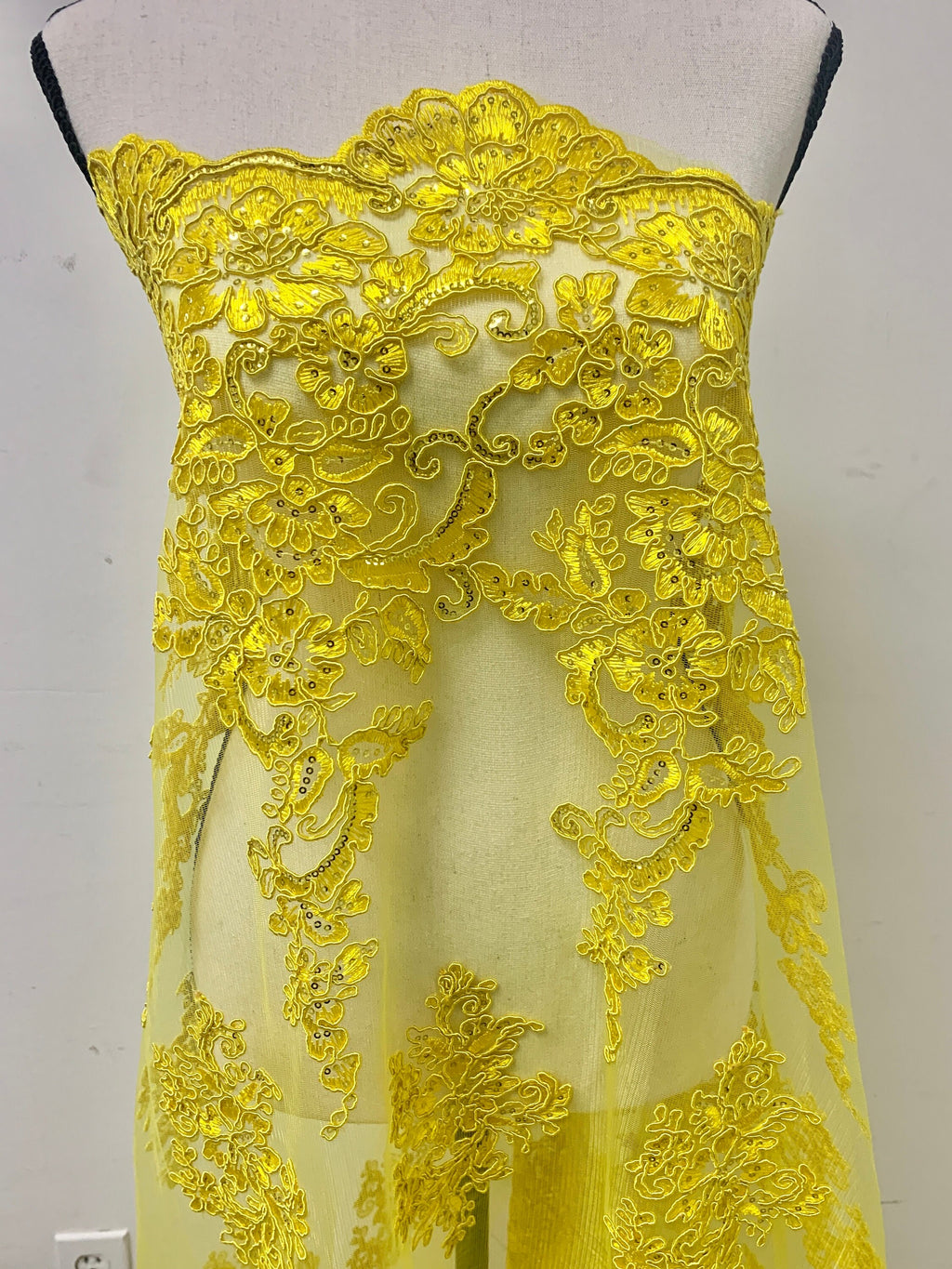 Yellow color Lace Design US50. Double scalloped sequence embroidered width 49/50 inches. condition New. sell by yard.