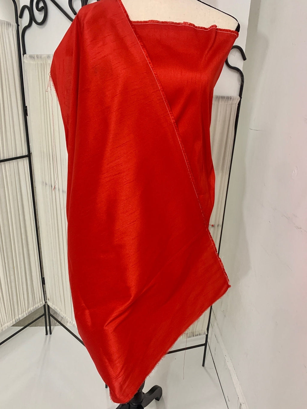 Red satin shantung fabric width 58" polyester, slubbed texture dull fininshed, dress, suiting and home decoration item. item 114