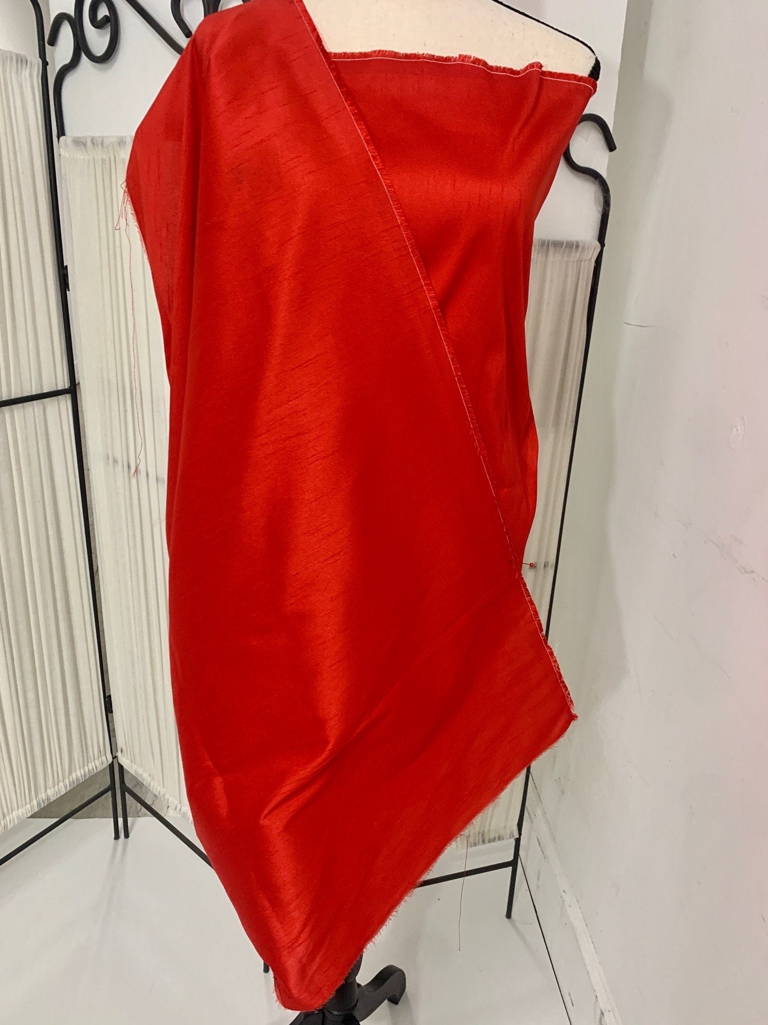 Red satin shantung fabric width 58" polyester, slubbed texture dull fininshed, dress, suiting and home decoration item. item 114