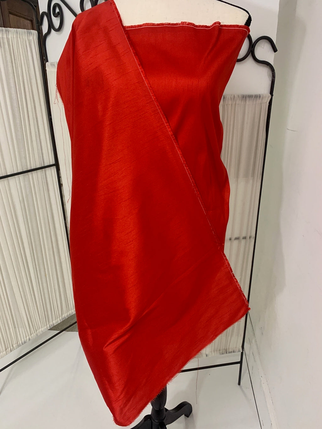 Red satin shantung fabric width 58" polyester, slubbed texture dull fininshed, dress, suiting and home decoration item. item 114