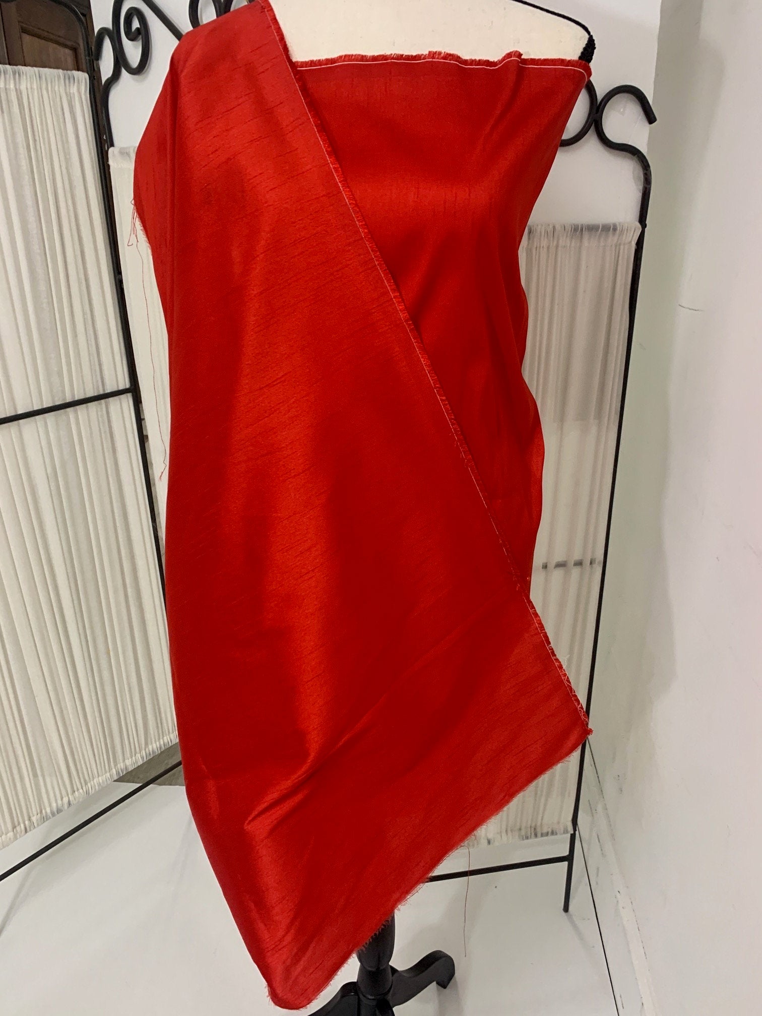 Red satin shantung fabric width 58" polyester, slubbed texture dull fininshed, dress, suiting and home decoration item. item 114