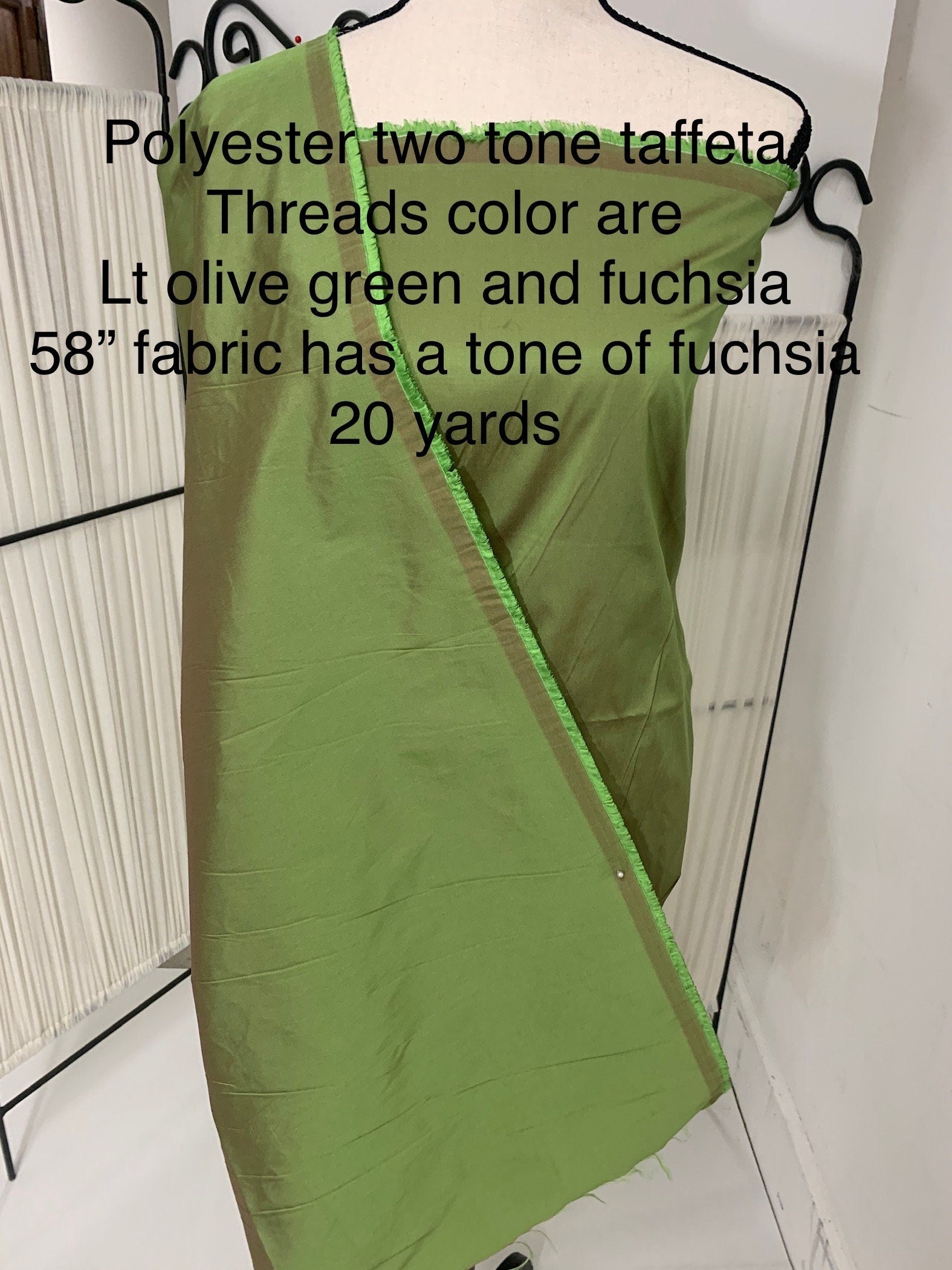 A 2 yards cut Olive Taffeta fabric . Two tone fabric width 58" polyester fabric has a tone of Fuchsia shading. FREE sample. item 115