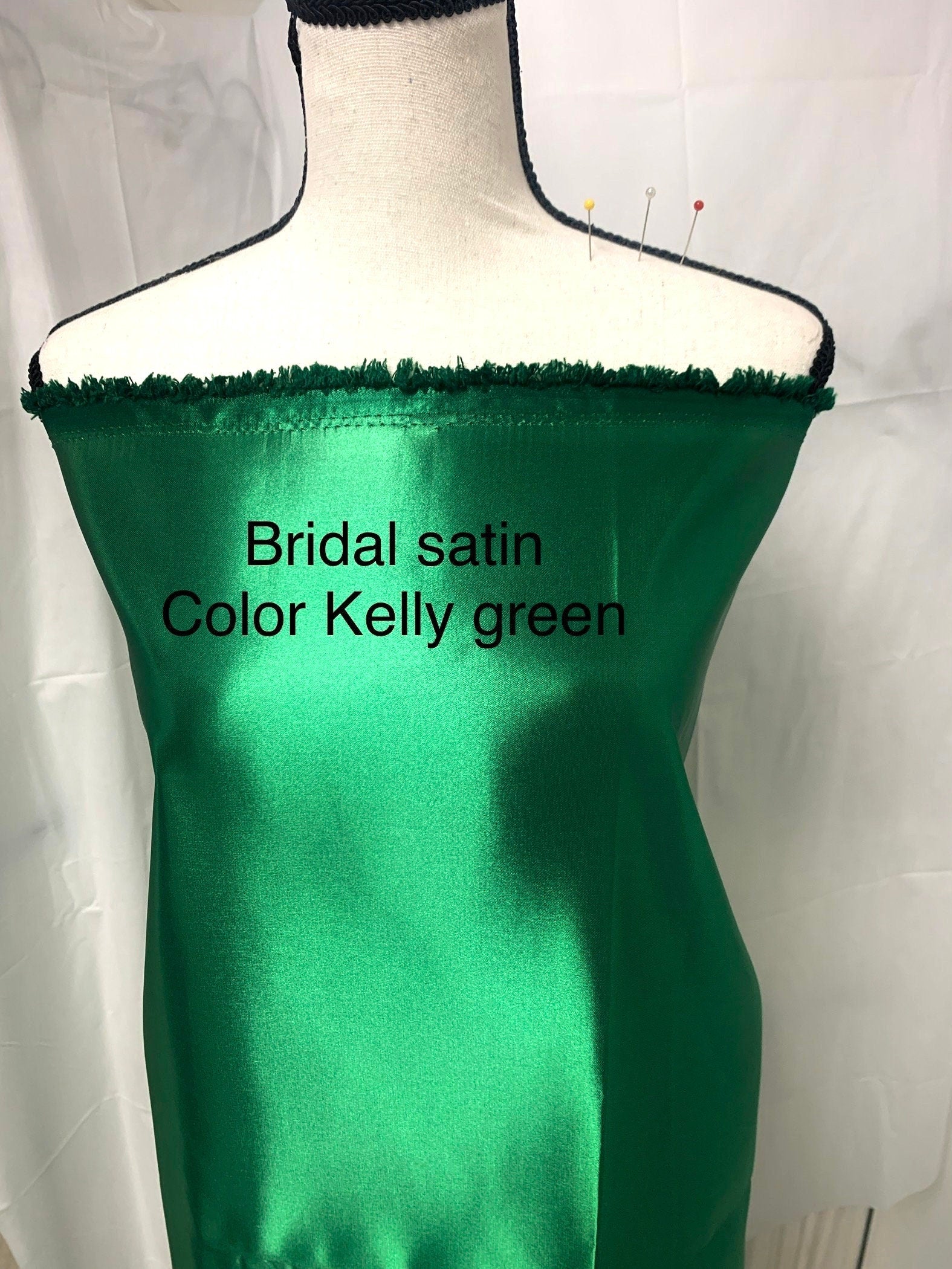 Kelly Green satin, dry clean fabric, bridesmaid, gown dress fabric width 58". Sell by 1 yard incrment. use in craft. FREE sample.