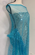 Turquoise Sequence mesh fabric, width 58", sell by yard, 3" plain mesh salvage on each side. great item for dress, costume, decoration.