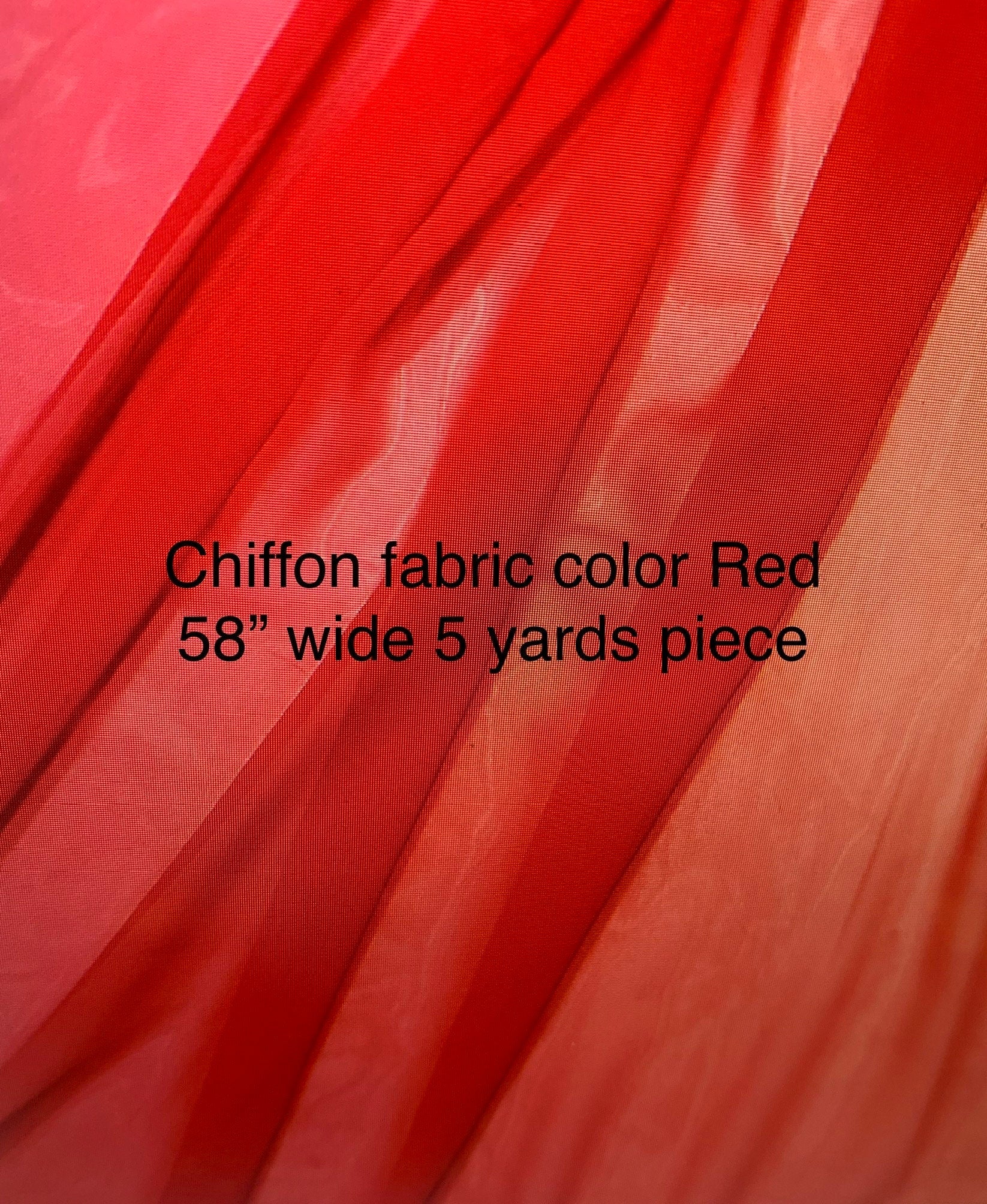 Red 5 yards piece Chiffon Fabric cut, 60" wide. Sheer fabric great item for wedding, party dress, drapery and back drop.