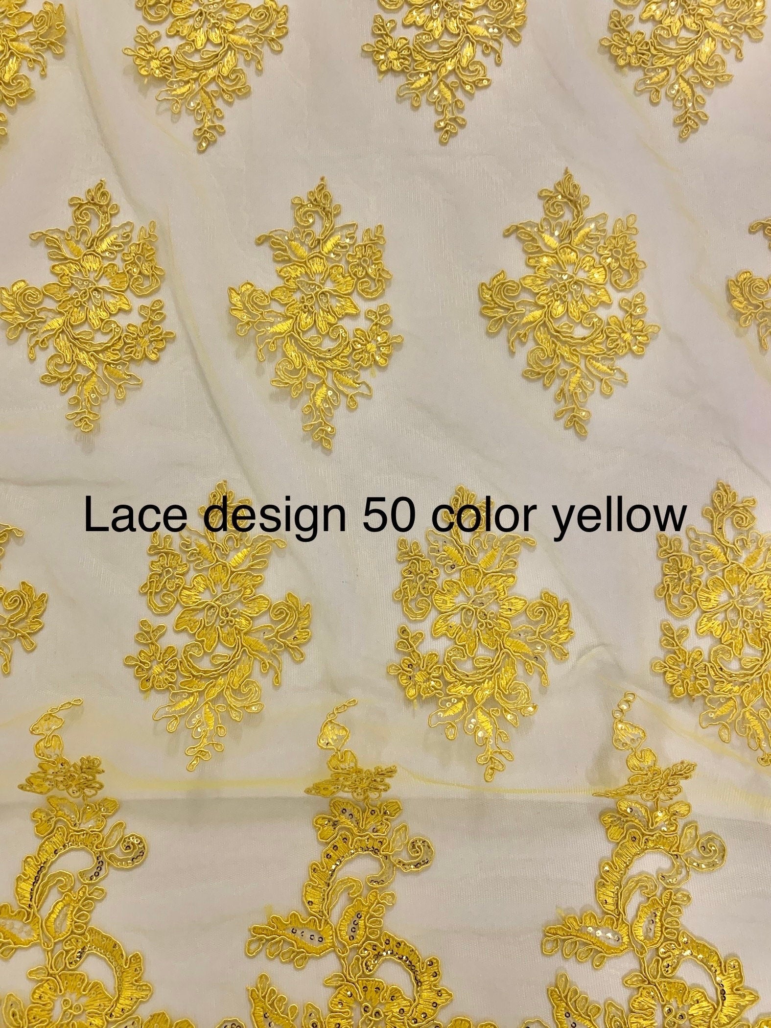 Yellow color Lace Design US50. Double scalloped sequence embroidered width 49/50 inches. condition New. sell by yard.