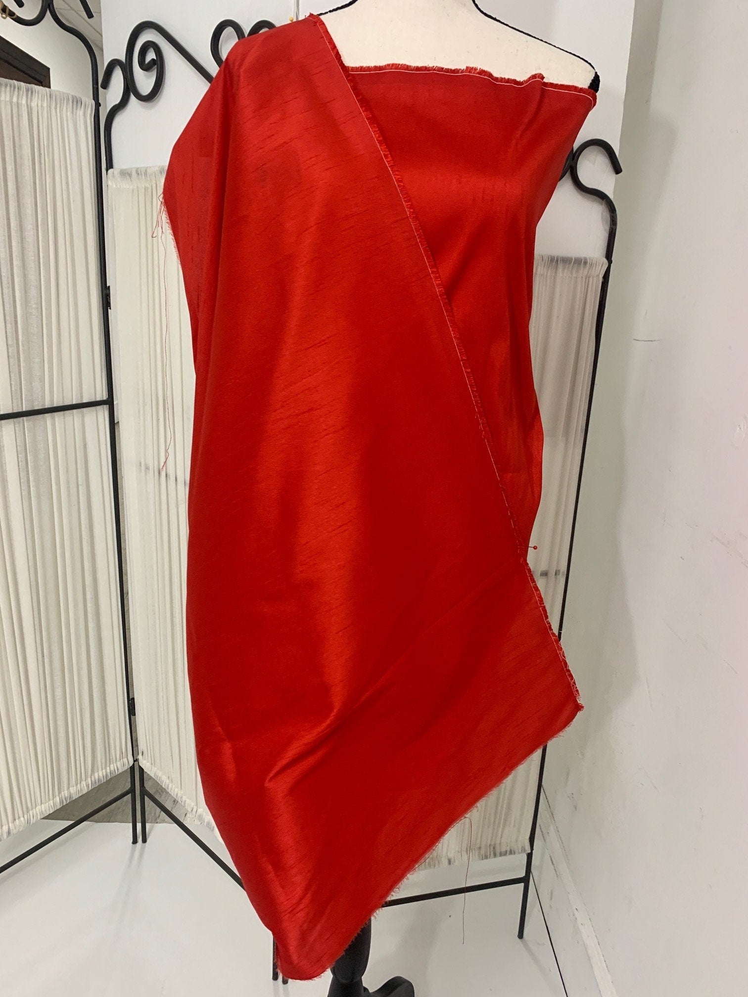 Red satin shantung fabric width 58" polyester, slubbed texture dull fininshed, dress, suiting and home decoration item. item 114