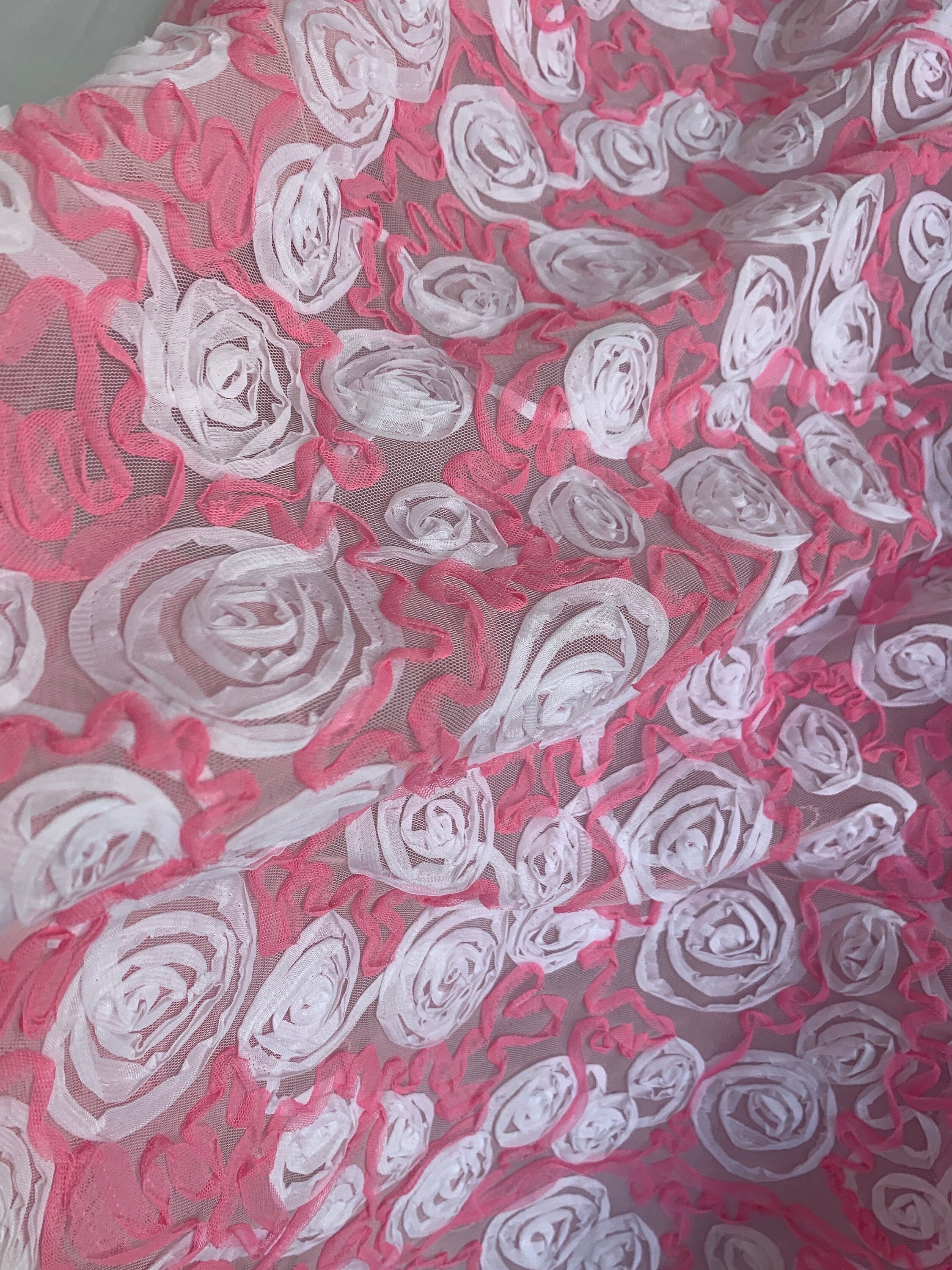 1 piece 3 yards cut Embroidery Flower-mesh fabric width 58" fabric has 5 inch salvage mesh on both side, 3 yards cut. color purple, Red pink