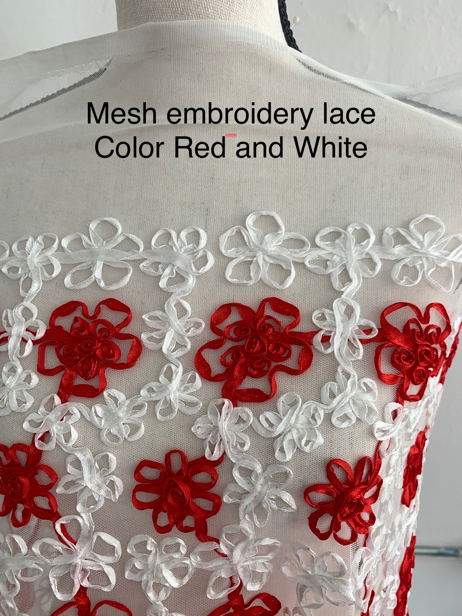 1 piece 3 yards cut Embroidery Flower-mesh fabric width 58" fabric has 5 inch salvage mesh on both side, 3 yards cut. color purple, Red pink