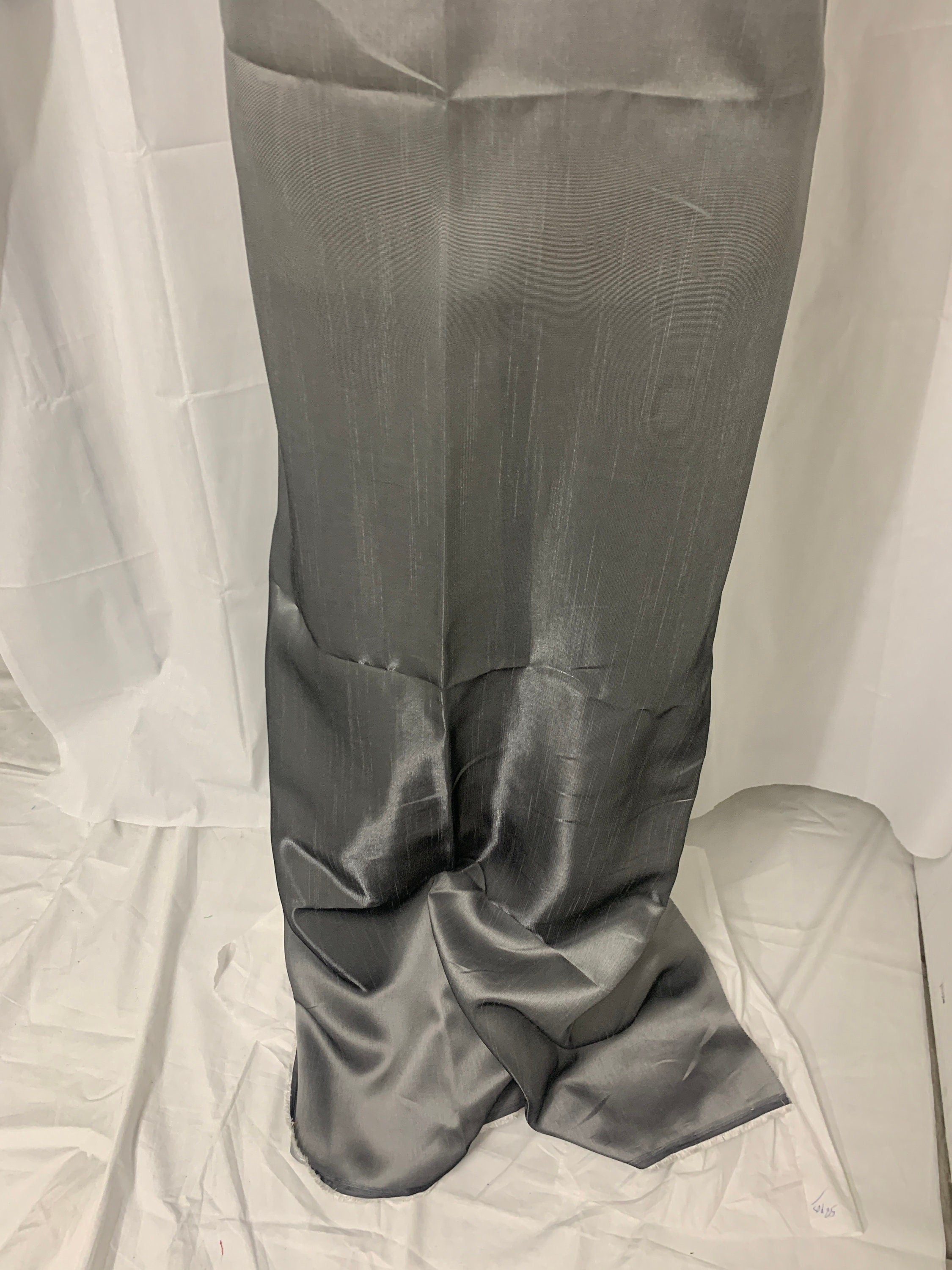 silver grey shimmer shantung fabric, width 58". Is a double sided fabric with slub, shimmery and dull sides dry clean fabric. Free sample.