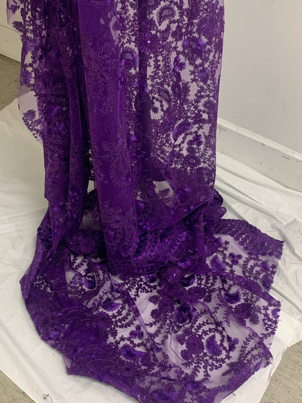 Purple lace fabrics design Lexi, Sequins embroidery double sclloped fabric width 50 inches