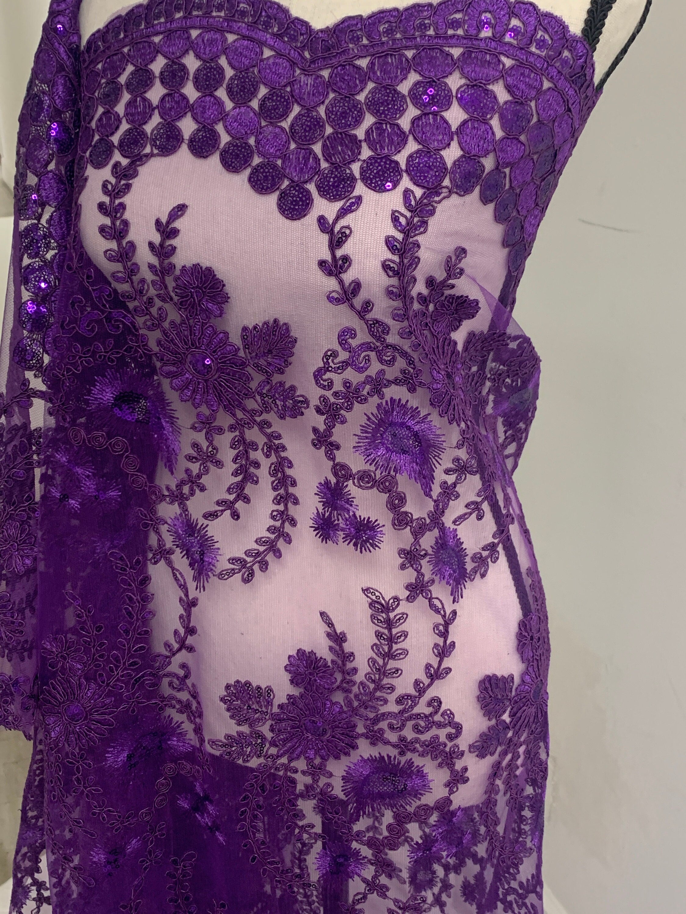 Purple lace fabrics design Lexi, Sequins embroidery double sclloped fabric width 50 inches