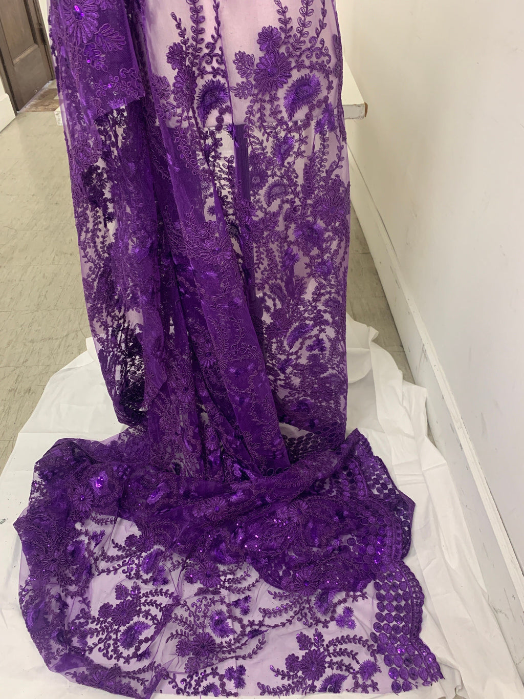 Purple lace fabrics design Lexi, Sequins embroidery double sclloped fabric width 50 inches
