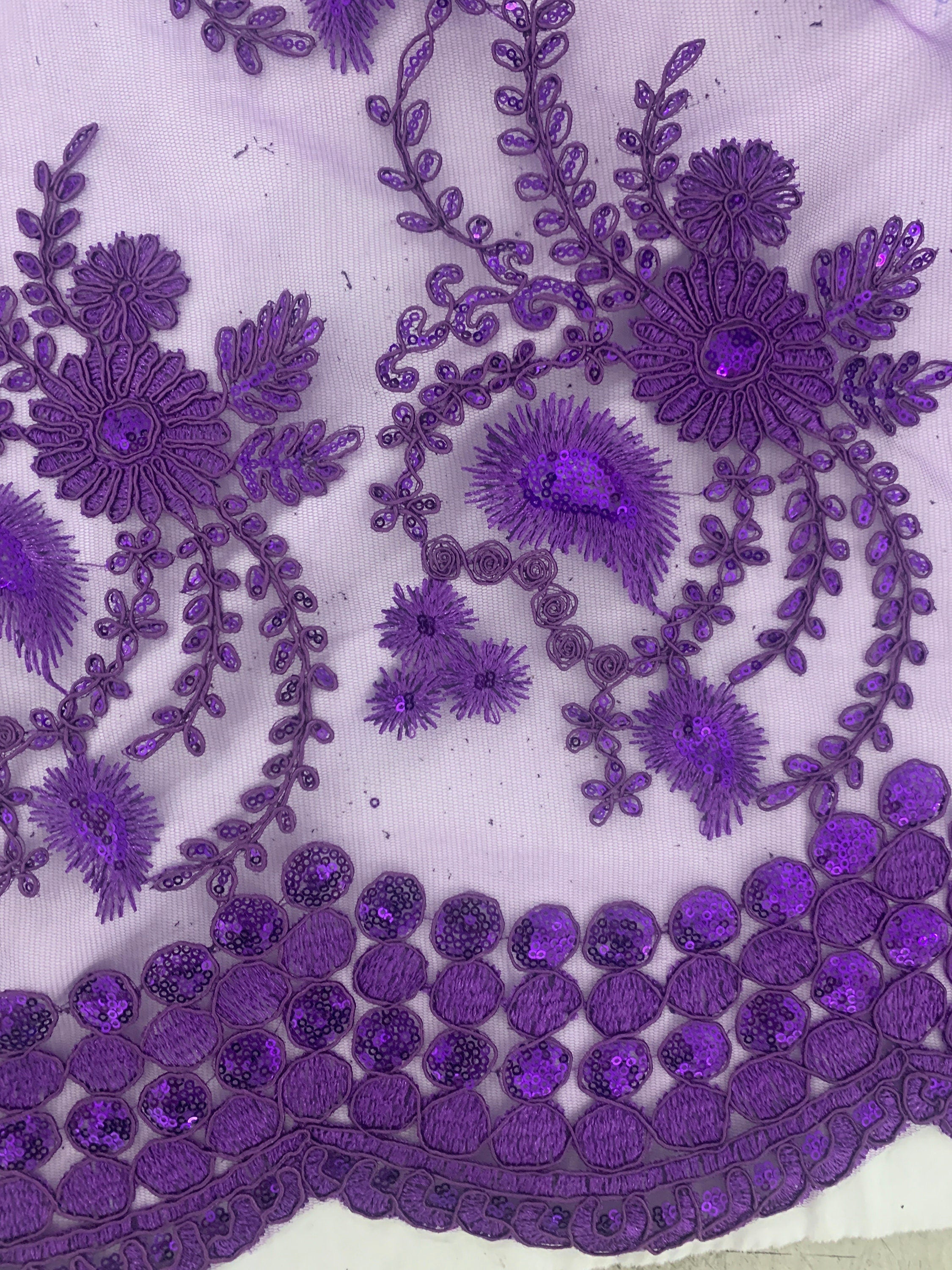 Purple lace fabrics design Lexi, Sequins embroidery double sclloped fabric width 50 inches