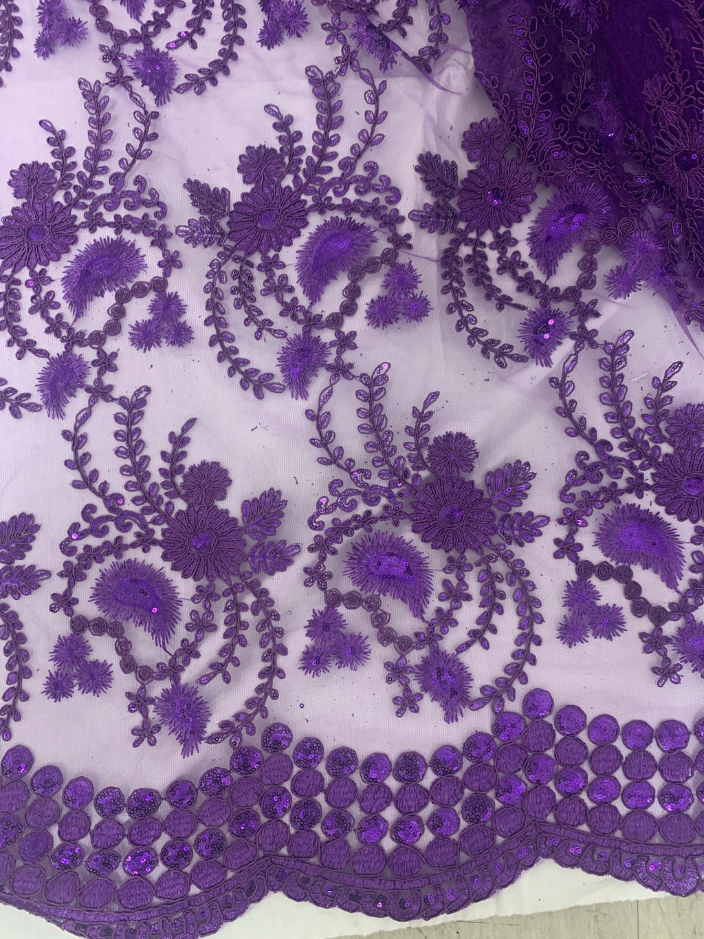 Purple lace fabrics design Lexi, Sequins embroidery double sclloped fabric width 50 inches