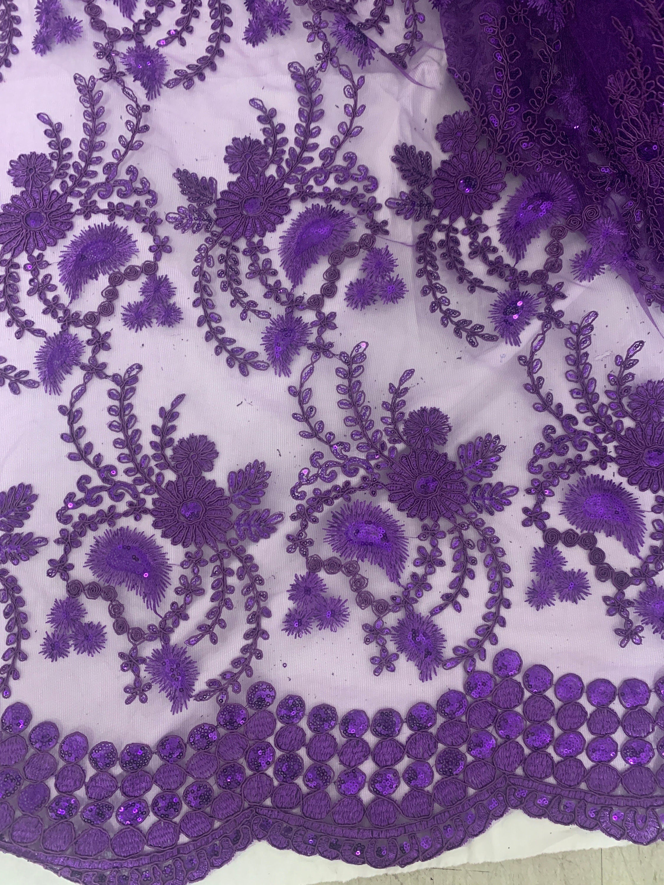 Purple lace fabrics design Lexi, Sequins embroidery double sclloped fabric width 50 inches