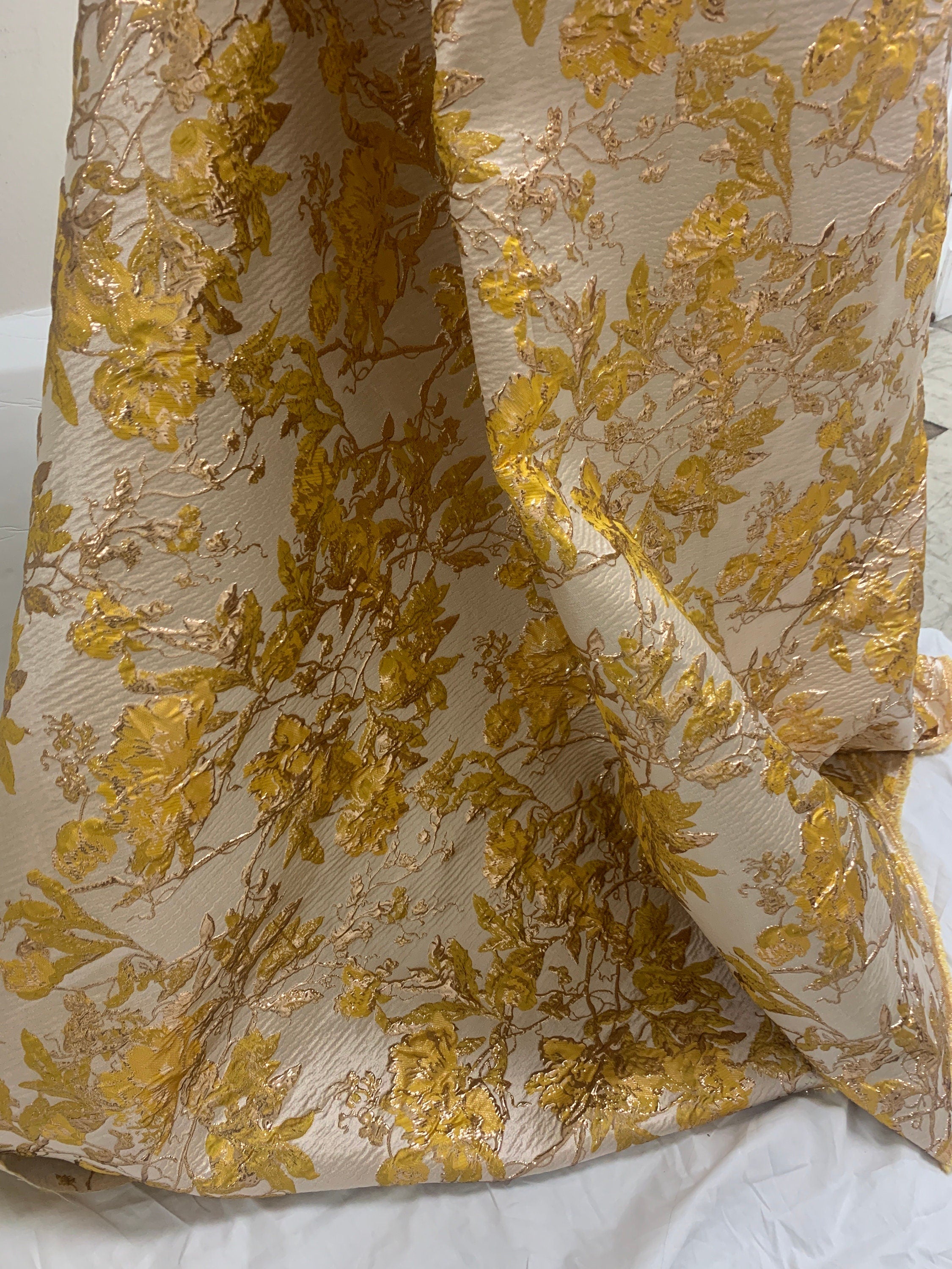 3 yards floral metalic Brocade fabric. color Yellow width 57/58 inches.