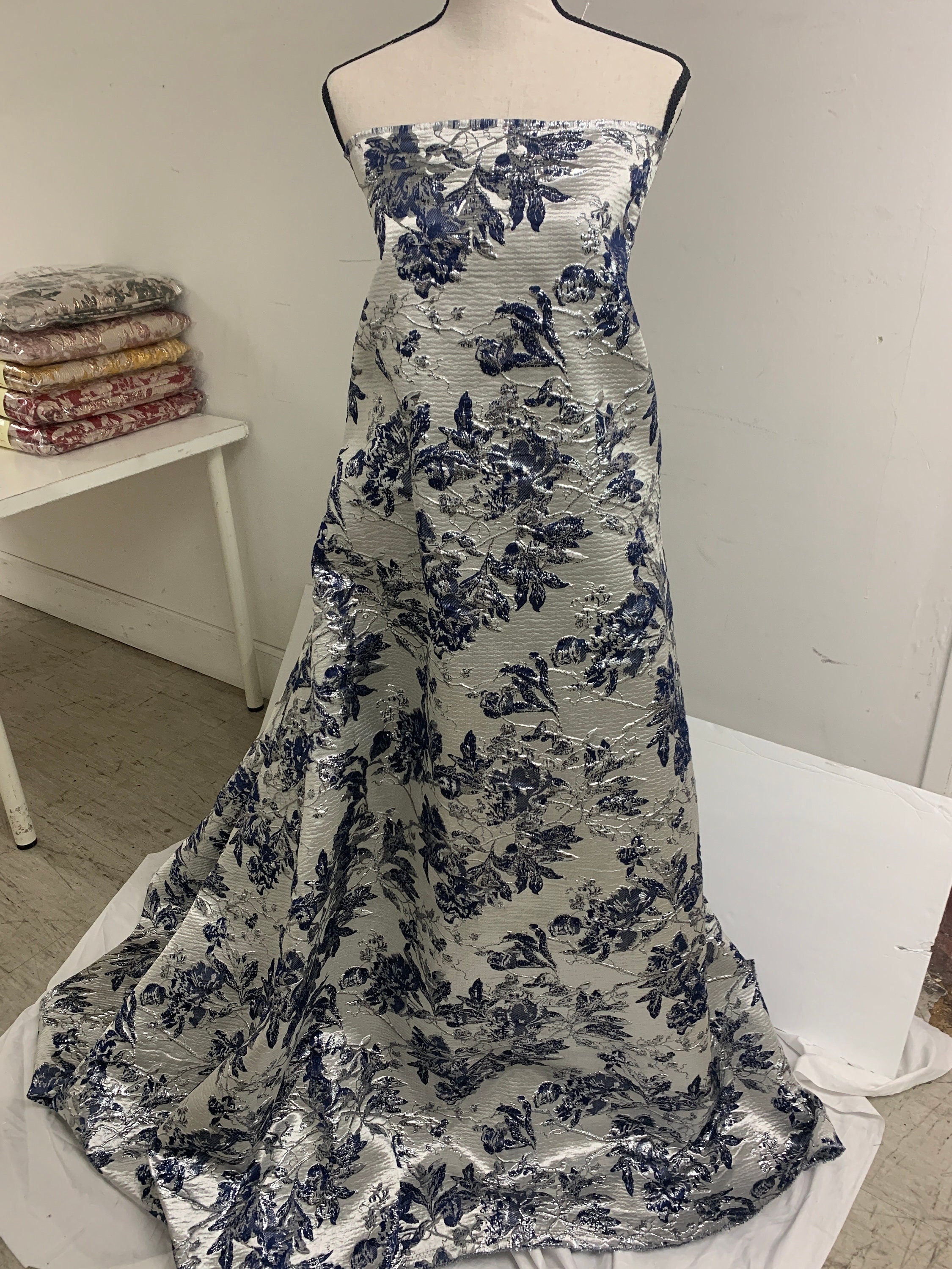 3 yards Navy floral metalic Brocade fabric. color is Navy silver width 56".
