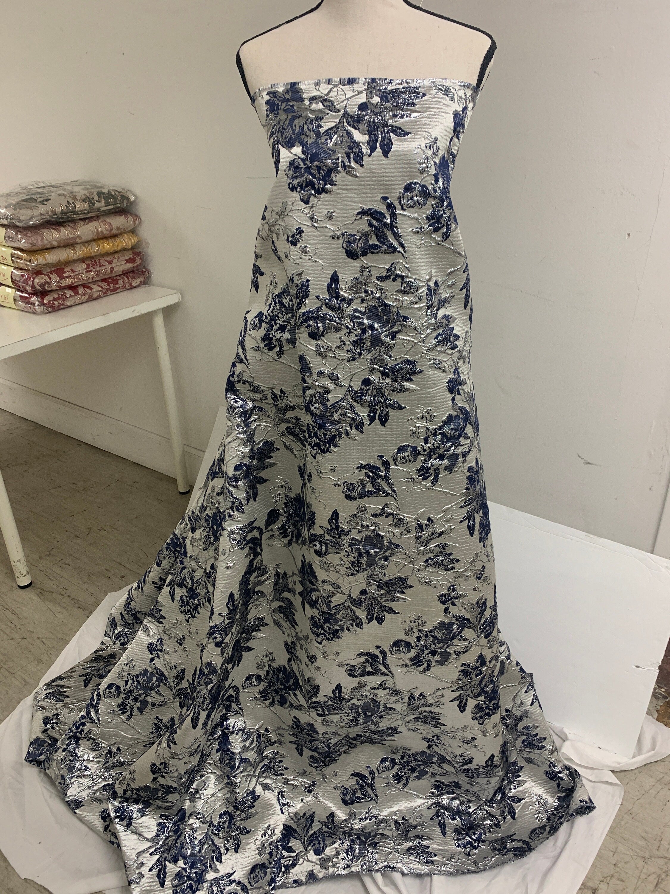 3 yards Navy floral metalic Brocade fabric. color is Navy silver width 56".