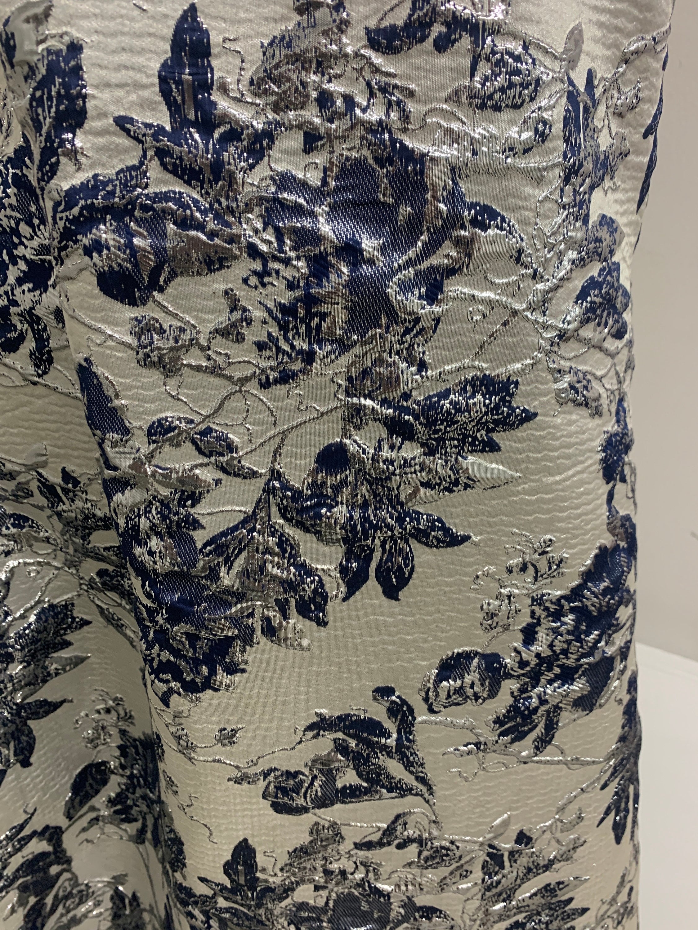 3 yards Navy floral metalic Brocade fabric. color is Navy silver width 56".