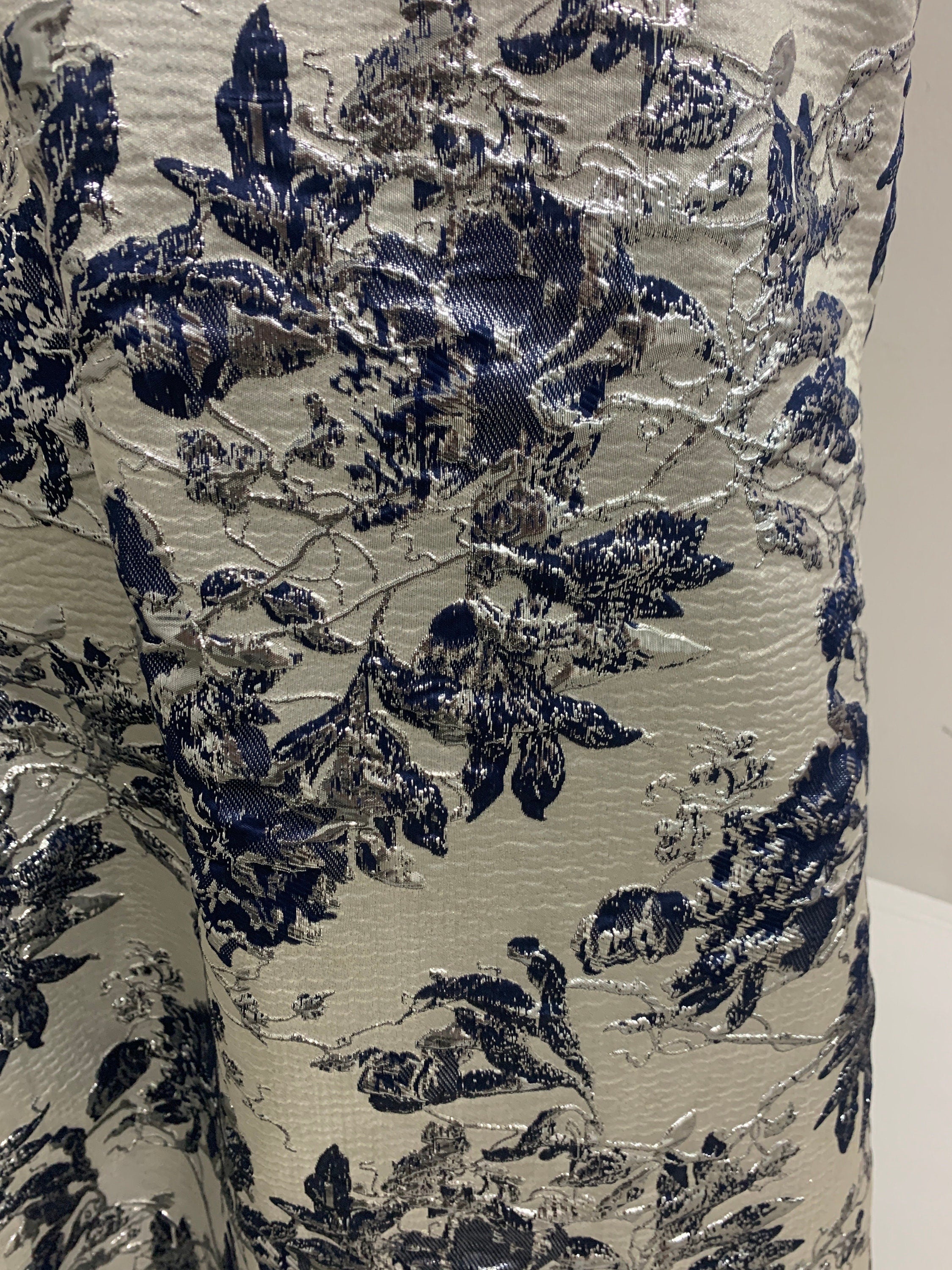 3 yards Floral metallic Brocade fabric _ Navy silver - 56" Width