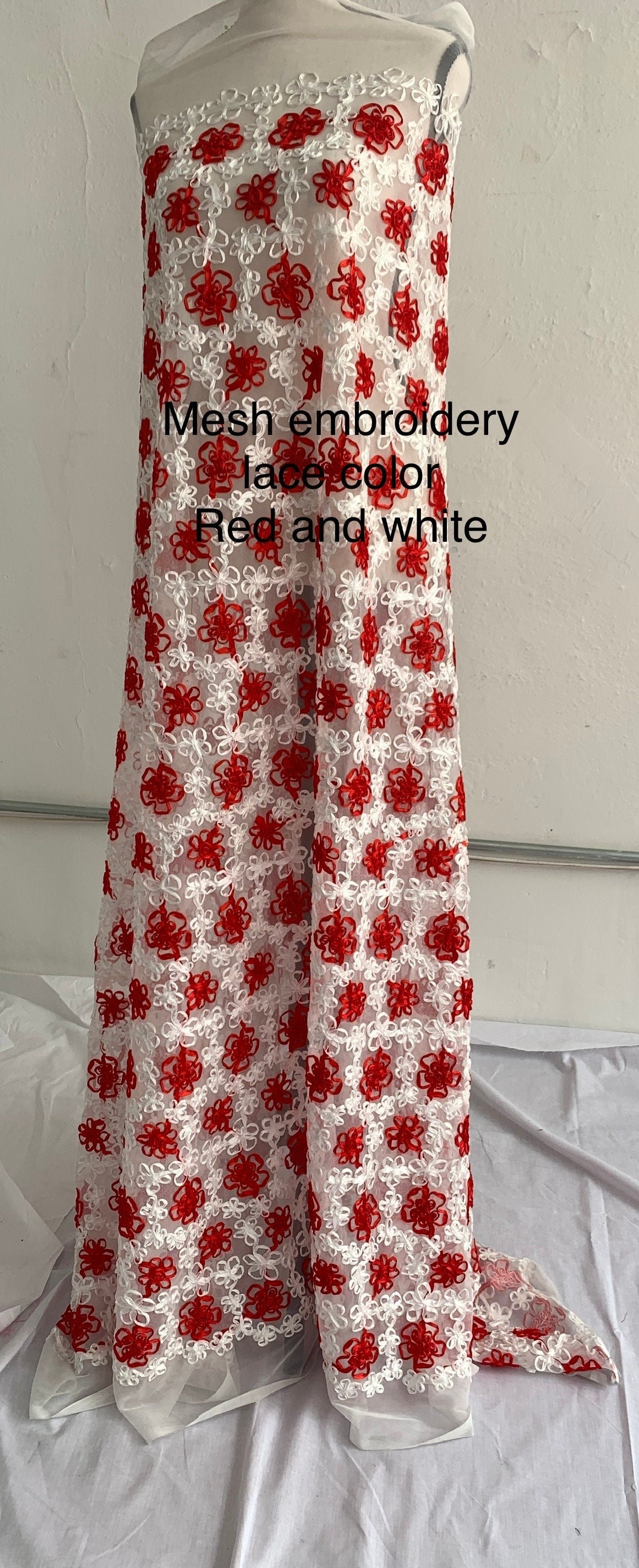 1 piece 3 yards cut Embroidery Flower-mesh fabric width 58" fabric has 5 inch salvage mesh on both side, 3 yards cut. color purple, Red pink