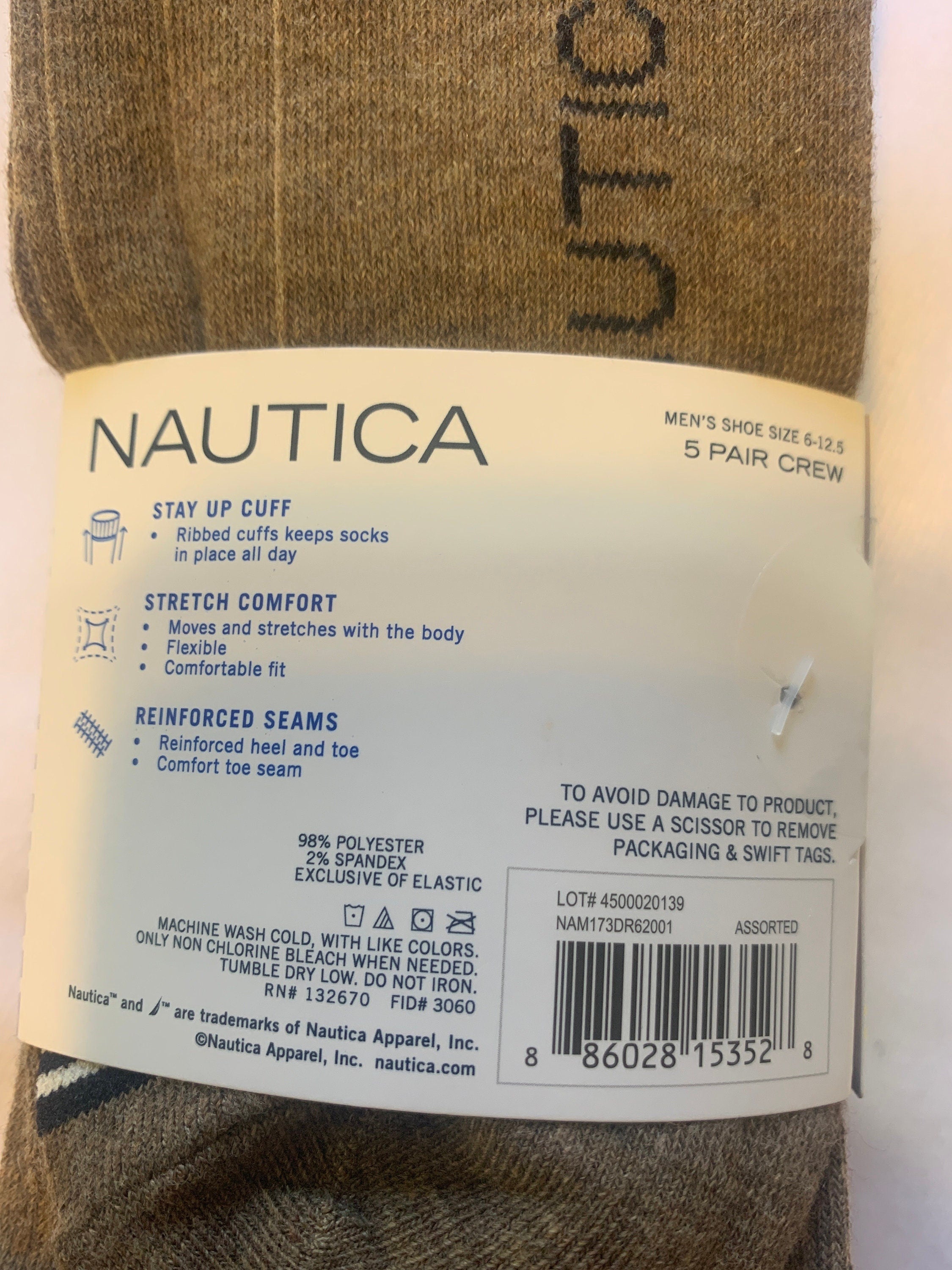 5 pair men crew socks. new Nautica brand, assorted colors size 6-12.5