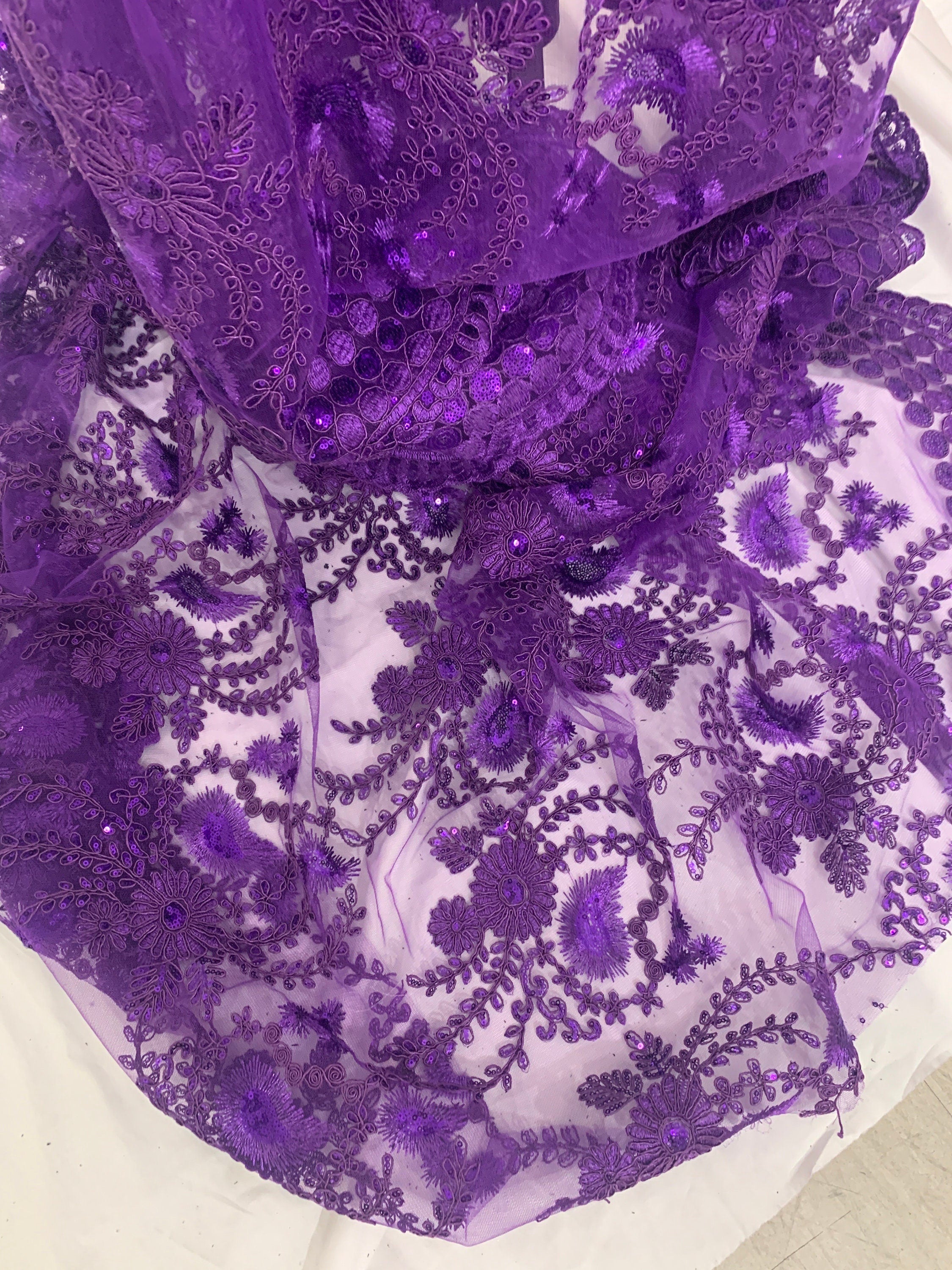 Purple lace fabrics design Lexi, Sequins embroidery double sclloped fabric width 50 inches