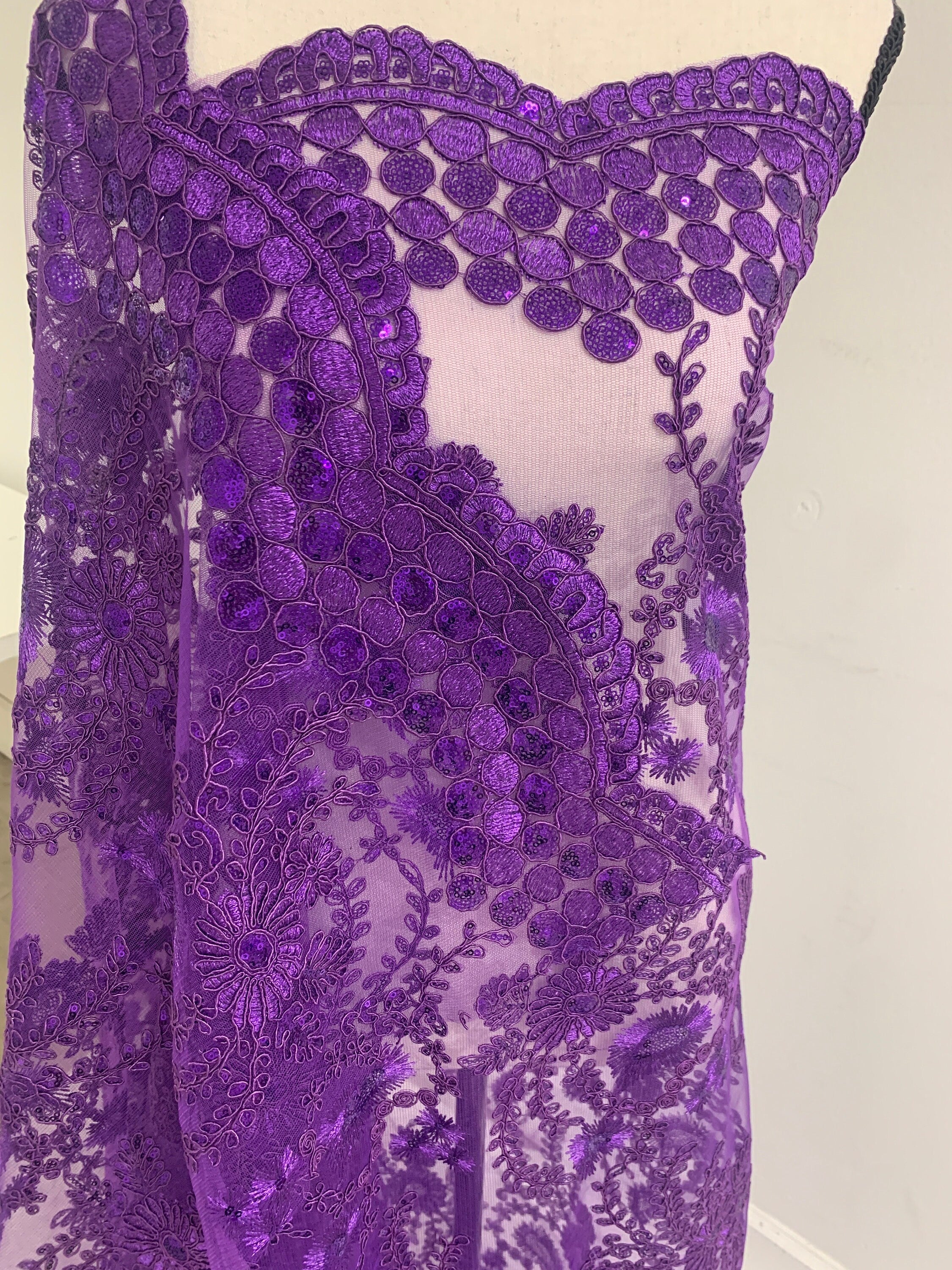 Purple lace fabrics design Lexi, Sequins embroidery double sclloped fabric width 50 inches