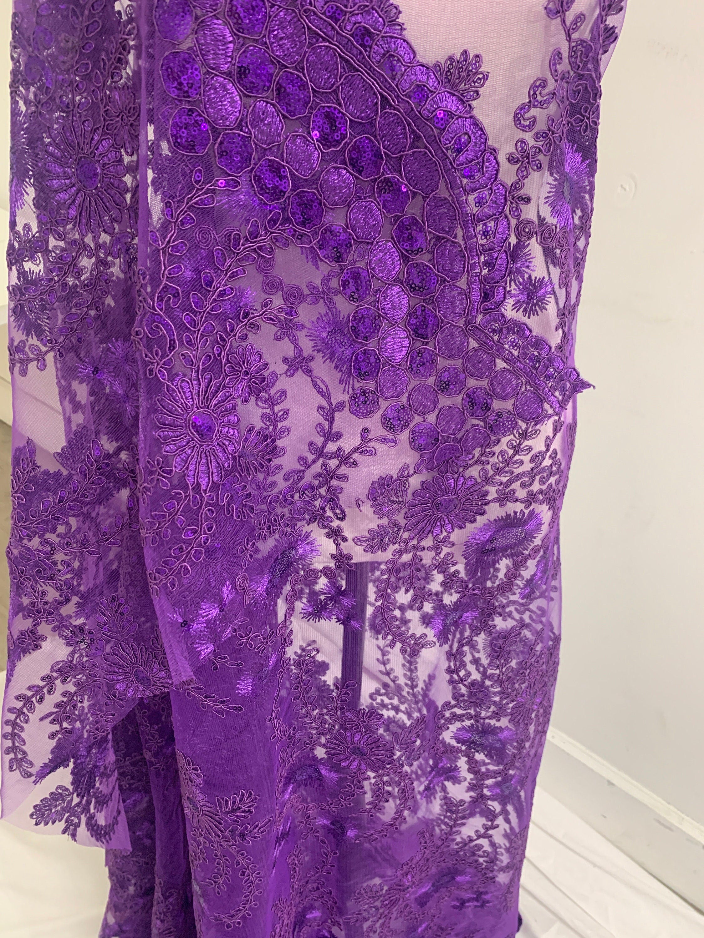 Purple lace fabrics design Lexi, Sequins embroidery double sclloped fabric width 50 inches
