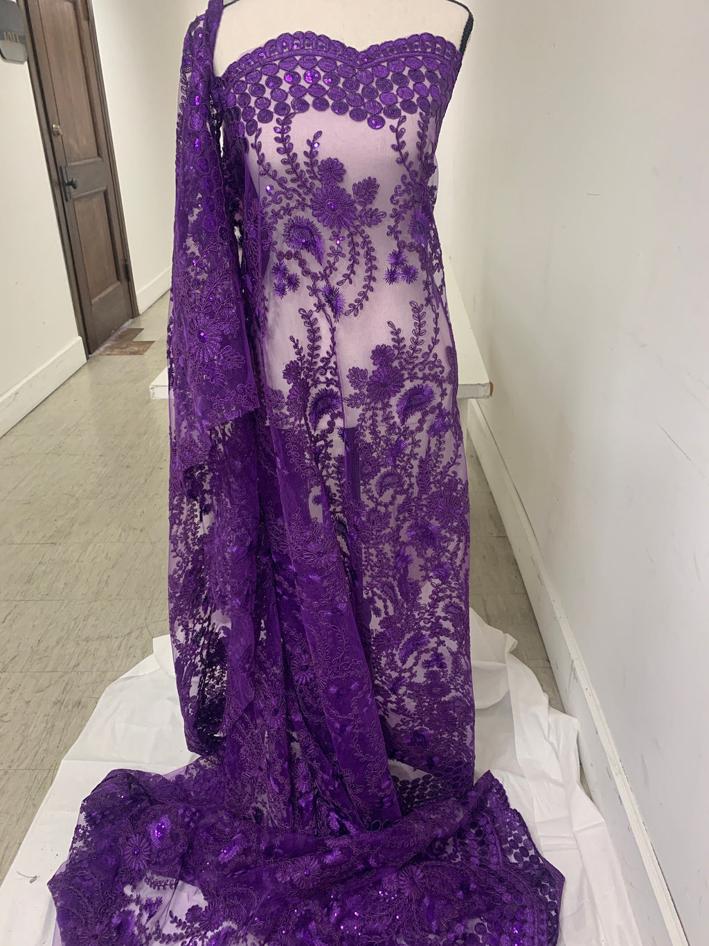 Purple lace fabrics design Lexi, Sequins embroidery double sclloped fabric width 50 inches