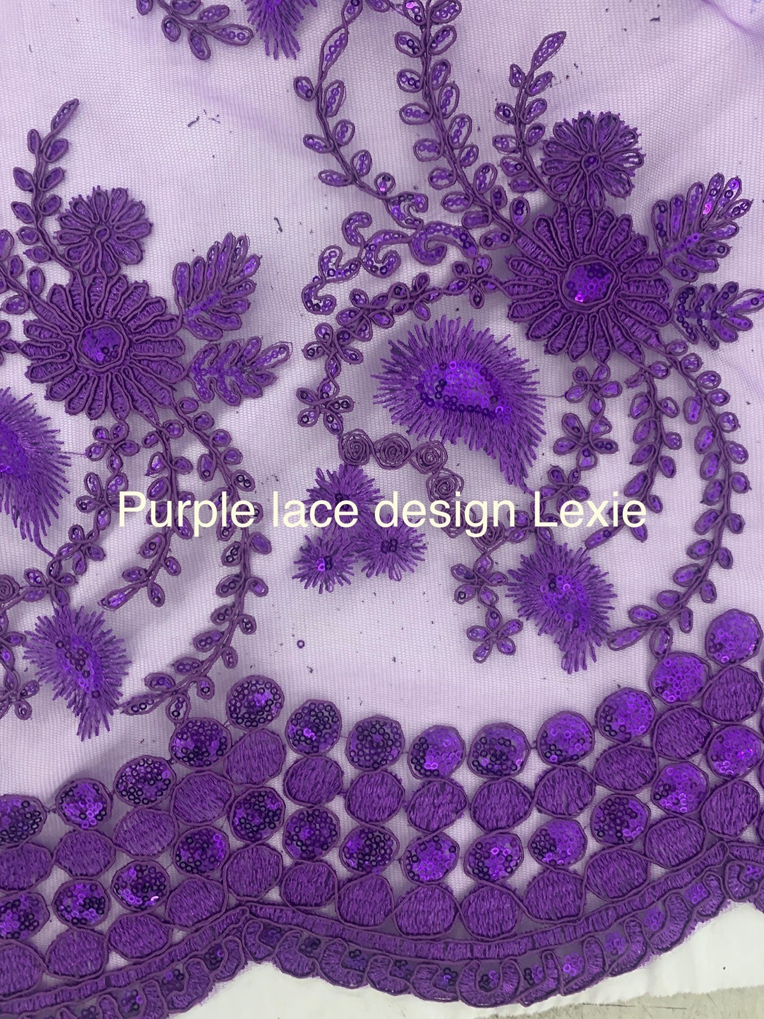 Purple lace fabrics design Lexi, Sequins embroidery double sclloped fabric width 50 inches