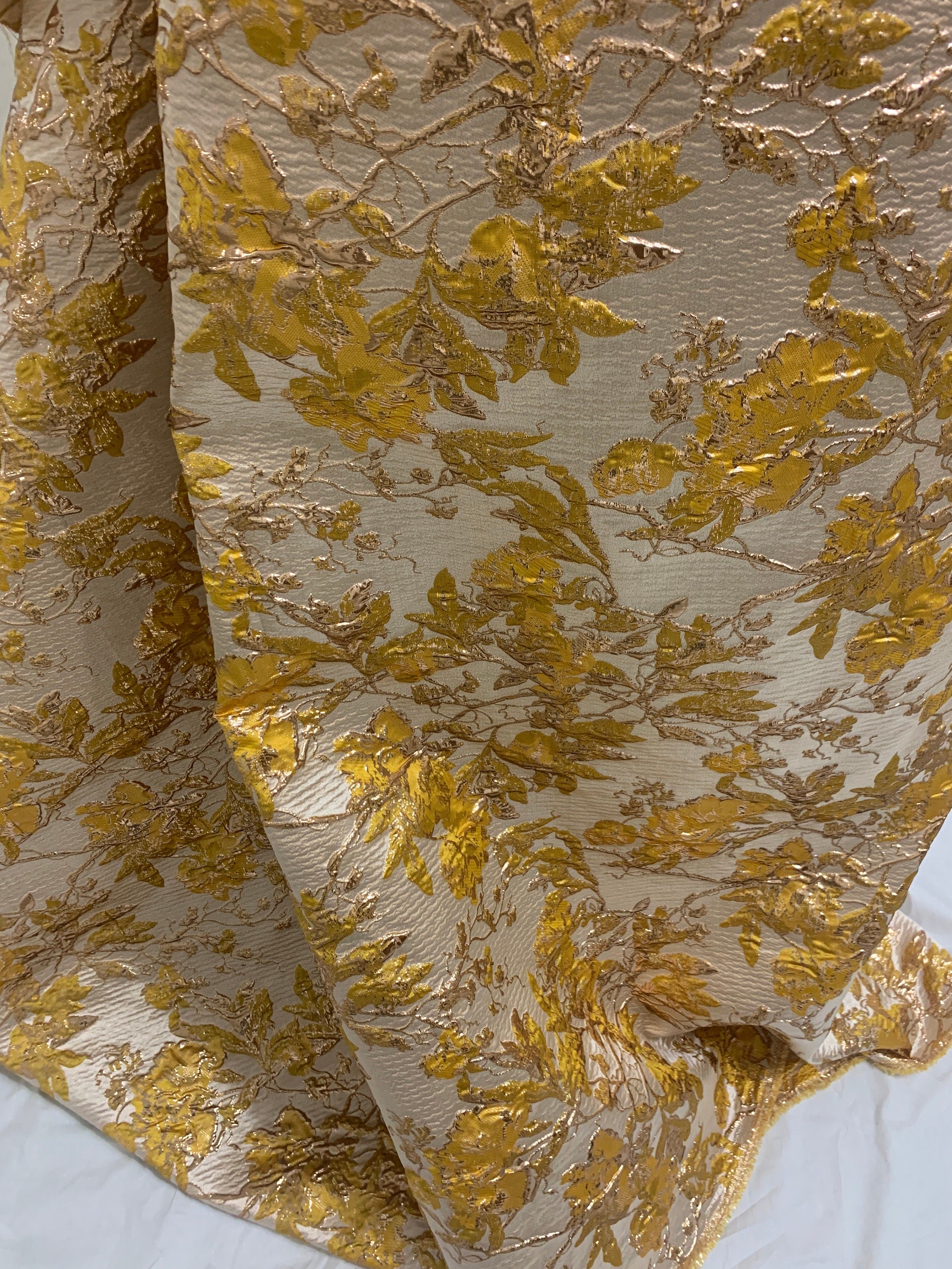 3 yards floral metalic Brocade fabric. color Yellow width 57/58 inches.