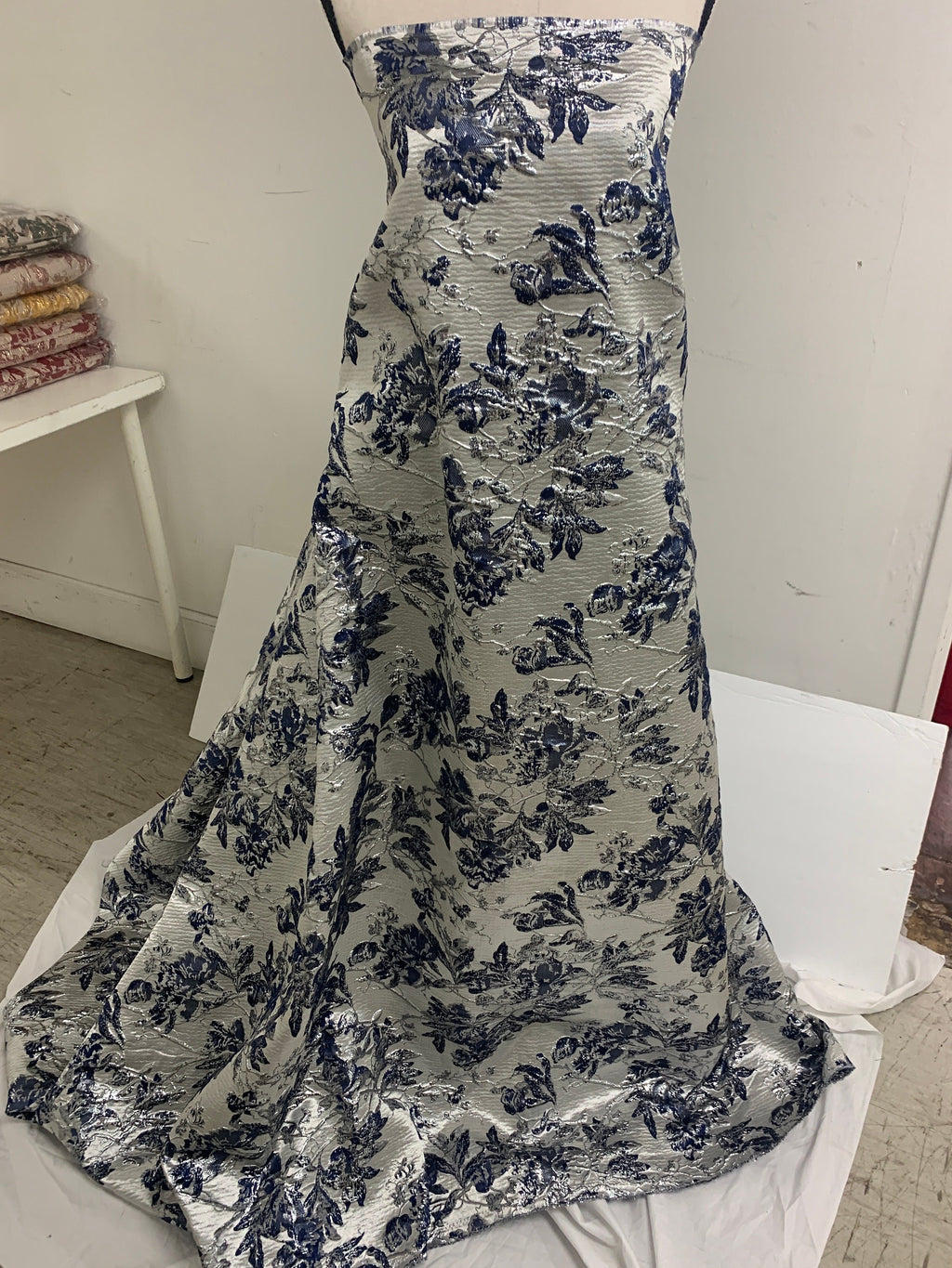 3 yards Floral metallic Brocade fabric _ Navy silver - 56" Width
