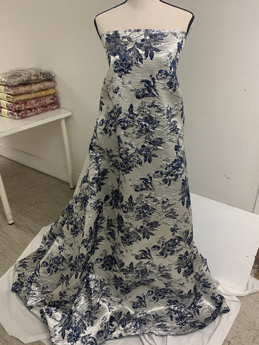 2 yards Floral metallic Brocade fabric _ Navy silver - 56" Width - Free Sample