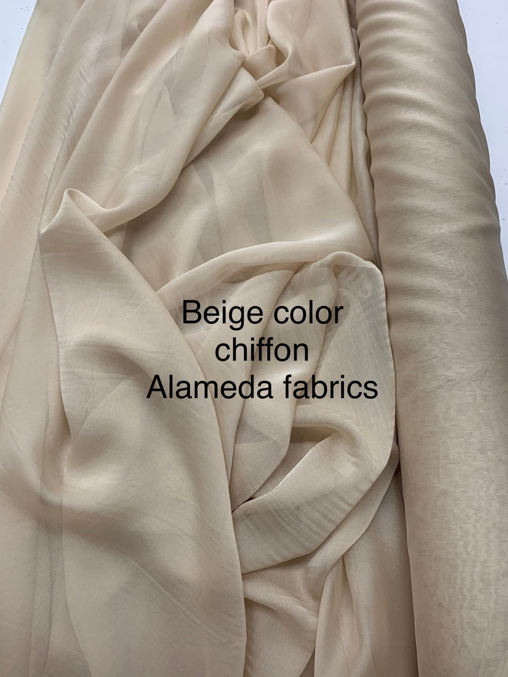 Beige color chiffon Fabric width 58/60 inches wide, sell by 1 yard increment. Free sample Available for domestic address