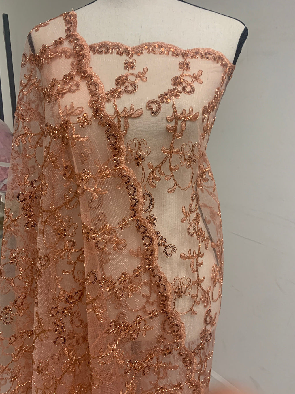 3 yards cut lace coral design bt1100, Lace Double scalloped sequins Embroidery width 49/50"