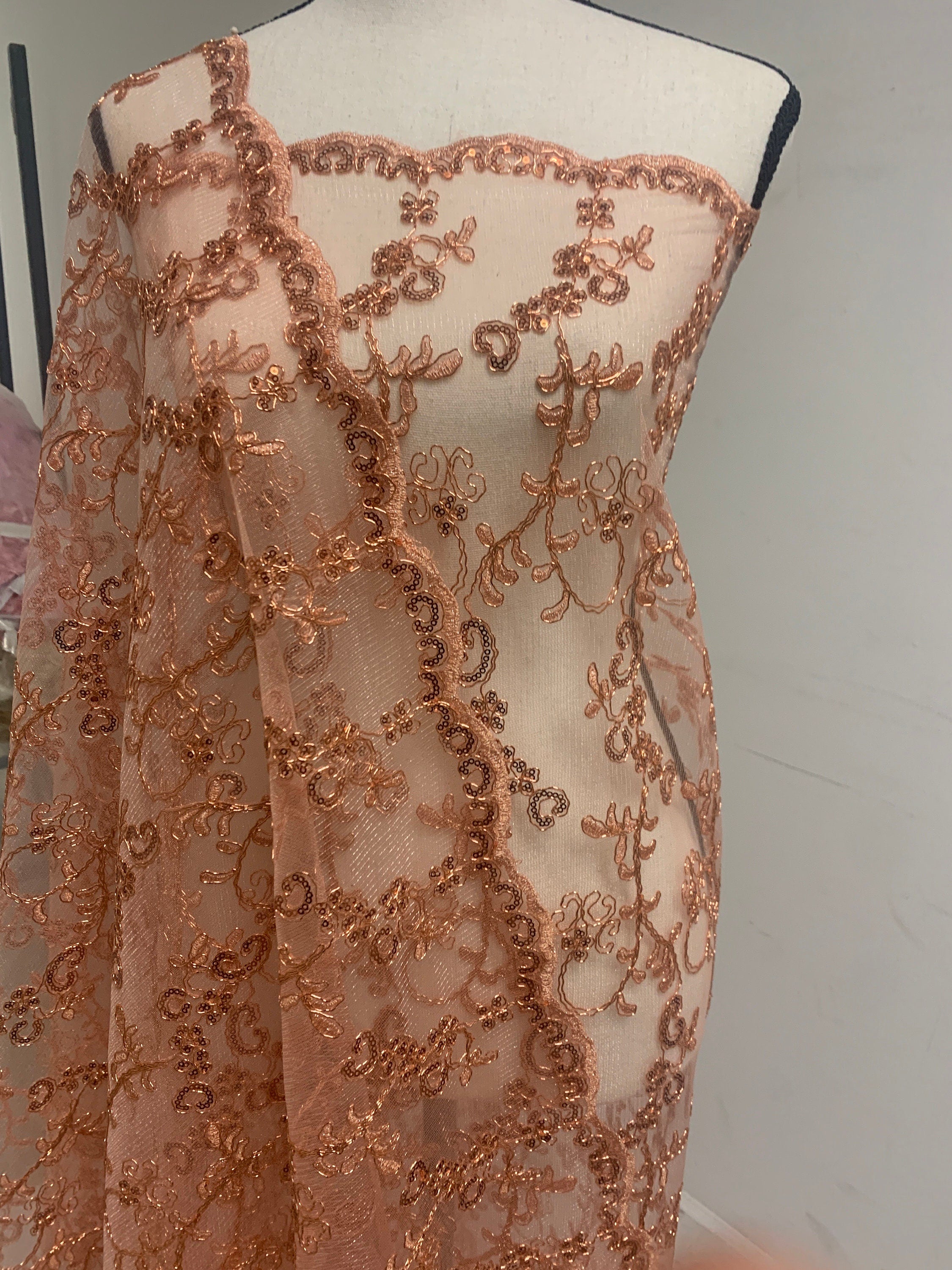 3 yards cut lace coral design bt1100, Lace Double scalloped sequins Embroidery width 49/50"