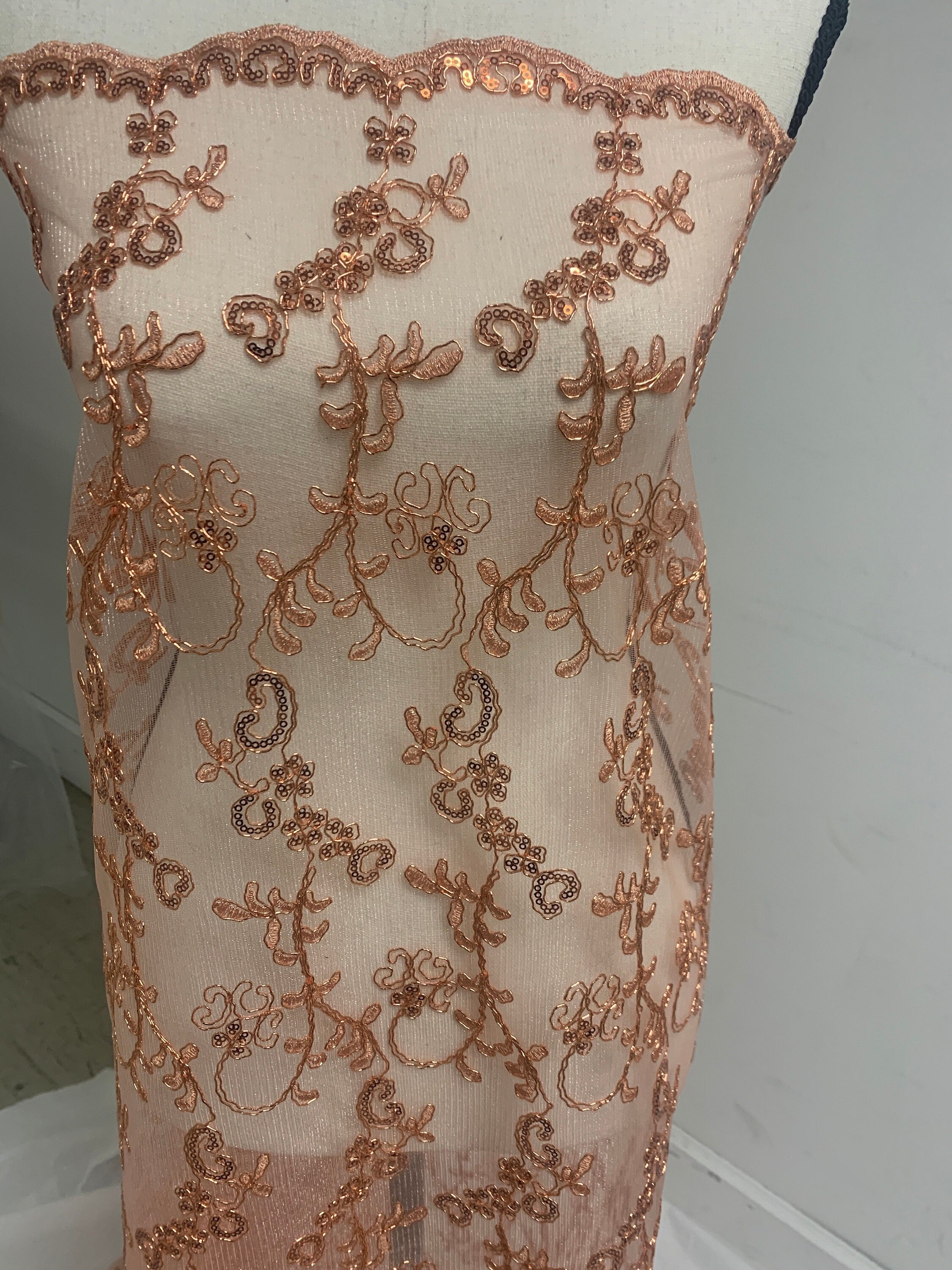 3 yards cut lace coral design bt1100, Lace Double scalloped sequins Embroidery width 49/50"