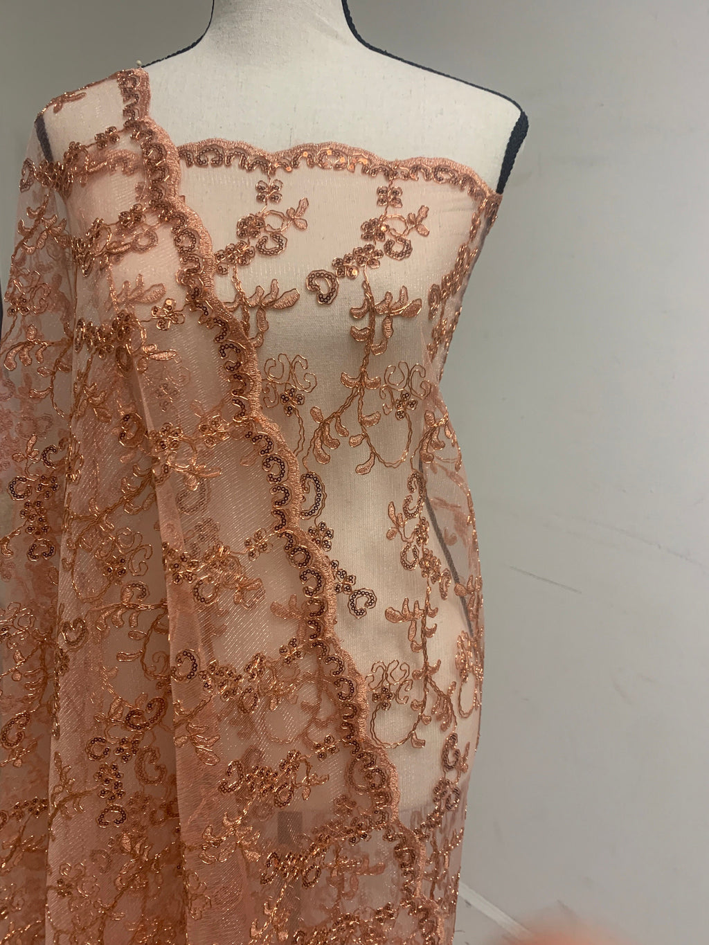 3 yards cut lace coral design bt1100, Lace Double scalloped sequins Embroidery width 49/50"