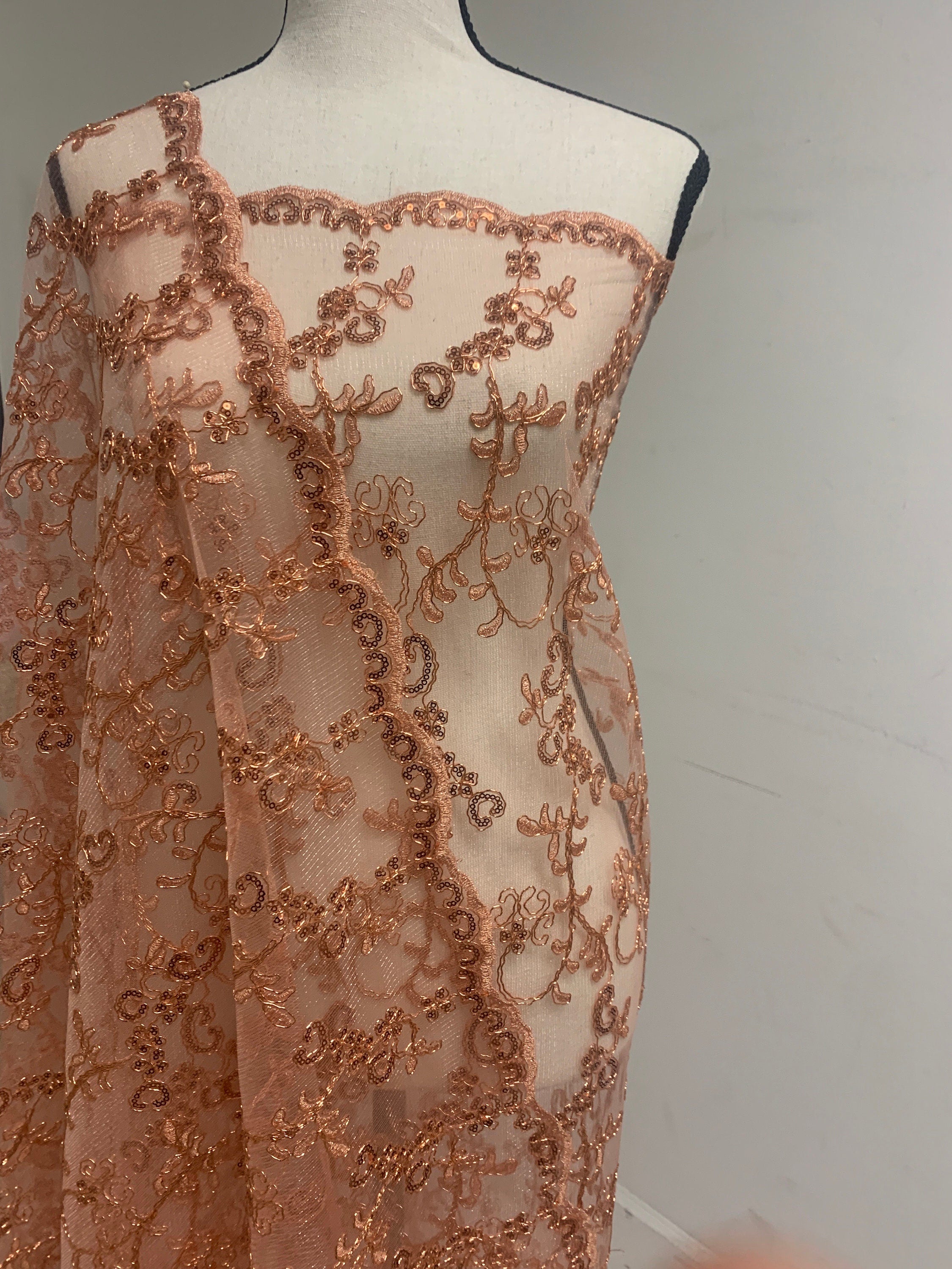 3 yards cut lace coral design bt1100, Lace Double scalloped sequins Embroidery width 49/50"