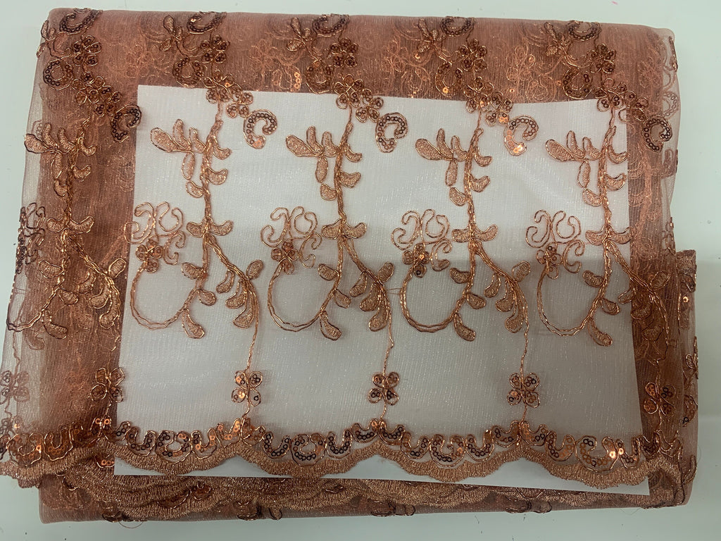 3 yards cut lace coral design bt1100, Lace Double scalloped sequins Embroidery width 49/50"