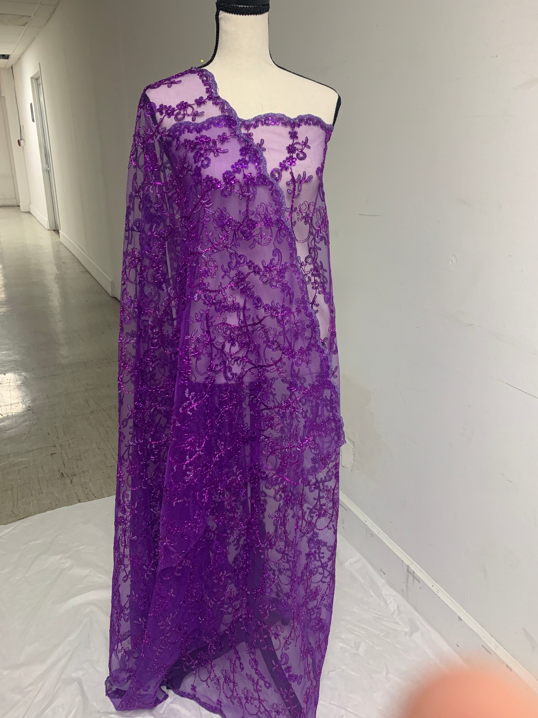 3 yards cut Purple Lace design bt1100, Lace Double scalloped sequins Embroidery width 49/50"