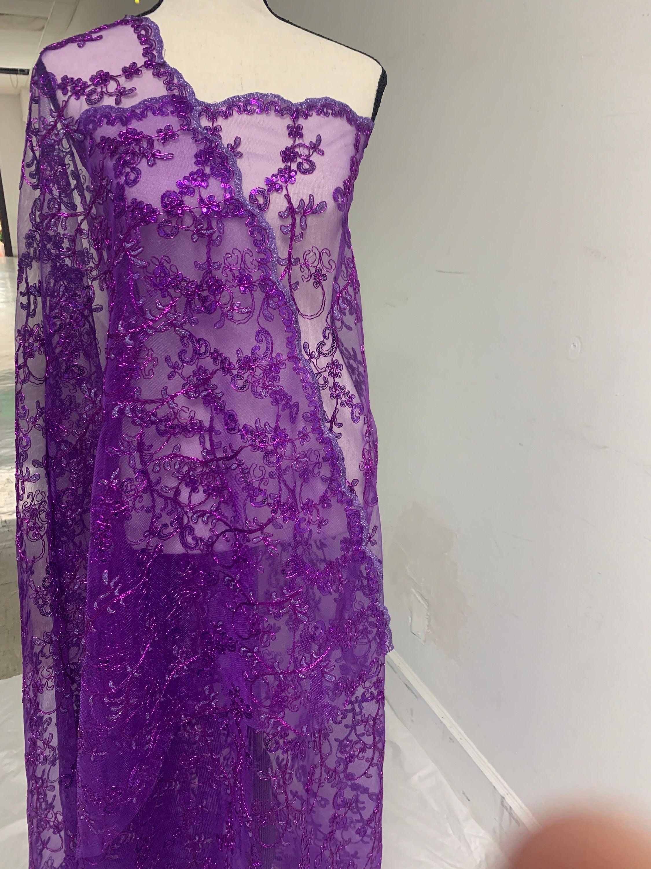 3 yards cut Purple Lace design bt1100, Lace Double scalloped sequins Embroidery width 49/50"
