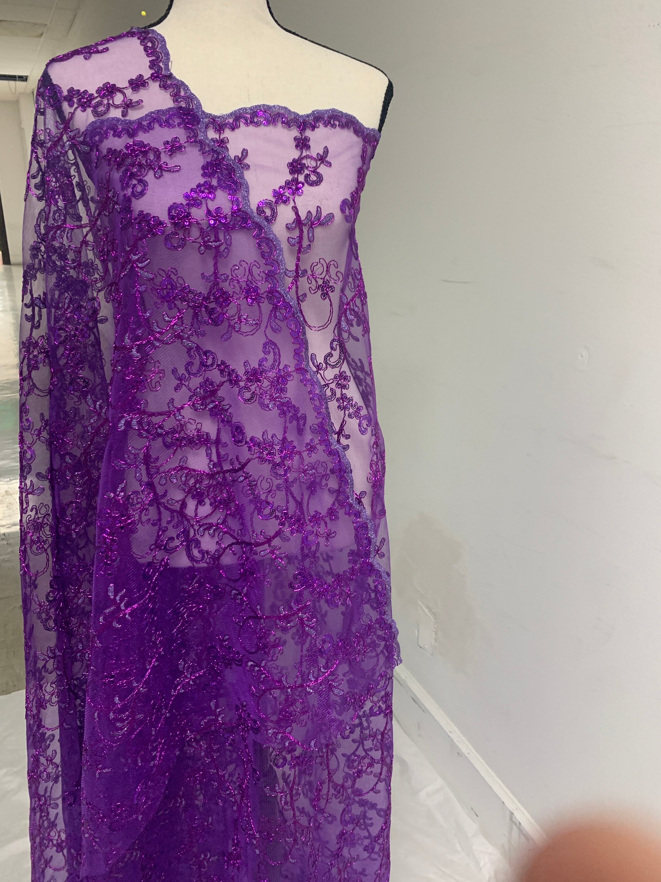3 yards cut Purple Lace design bt1100, Lace Double scalloped sequins Embroidery width 49/50"