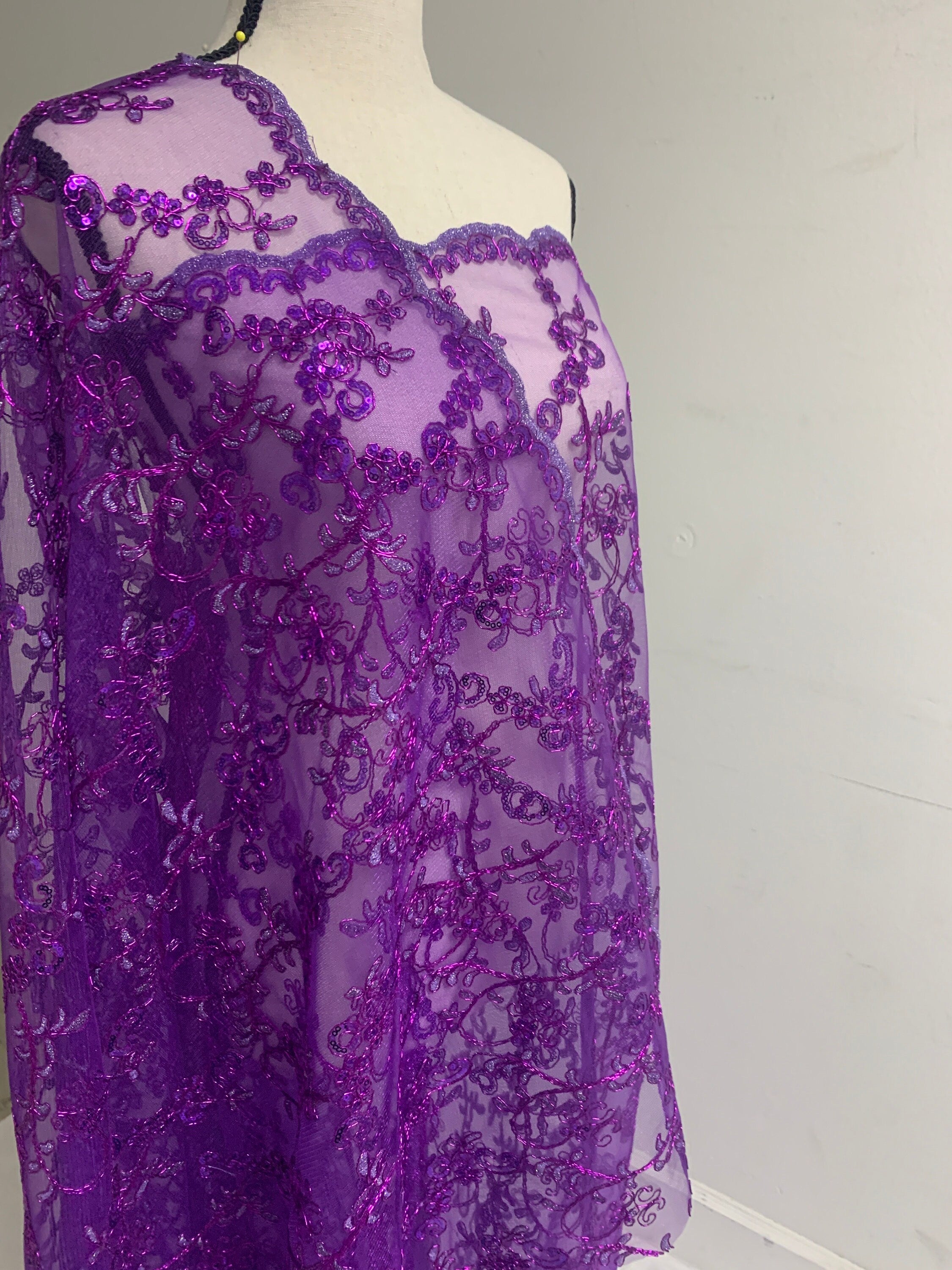 3 yards cut Purple Lace design bt1100, Lace Double scalloped sequins Embroidery width 49/50"