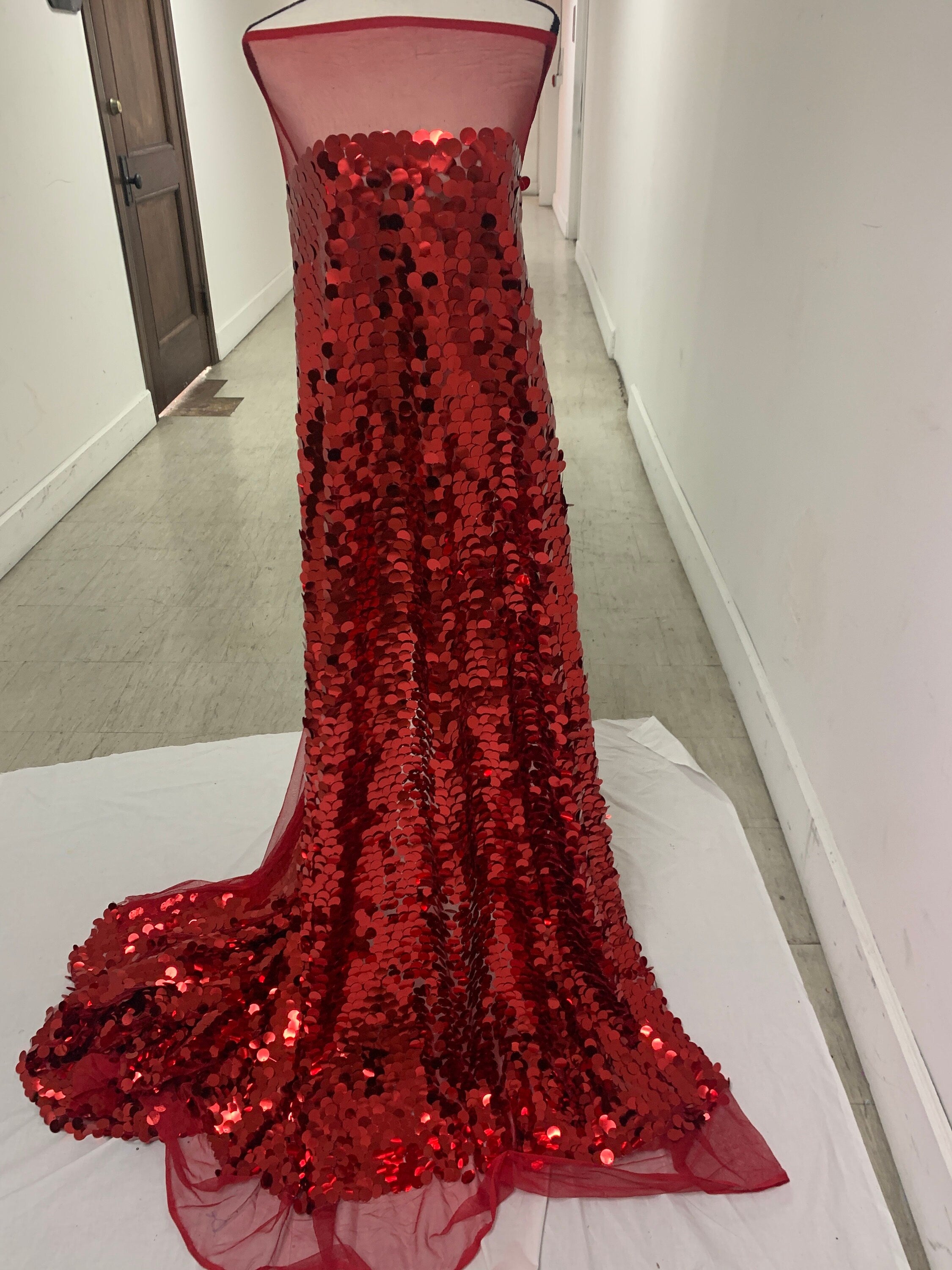 3 yards cut Red Sequins fabric.